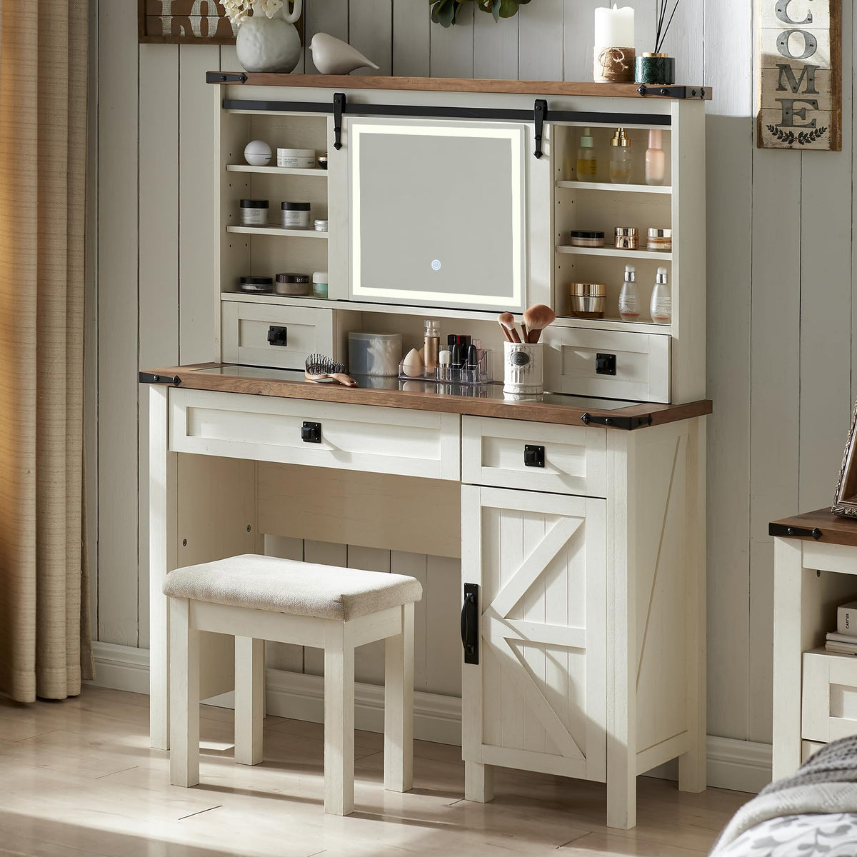 T4Tream Farmhouse Makeup Vanity Desk With Sliding Mirror And Lights, 42'' Glass Tabletop Vanity Table With 2 Drawers & Shelves, Rustic Large Vanity Set For Bedroom, Stool Included, Reclaimed Barnwood