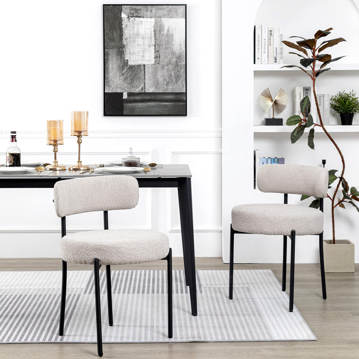 Dyhome Light Grey Boucle Dining Chairs Set Of 2, Mid Century Modern Upholstered Kitchen Chairs With Curved Backrest And Black Me