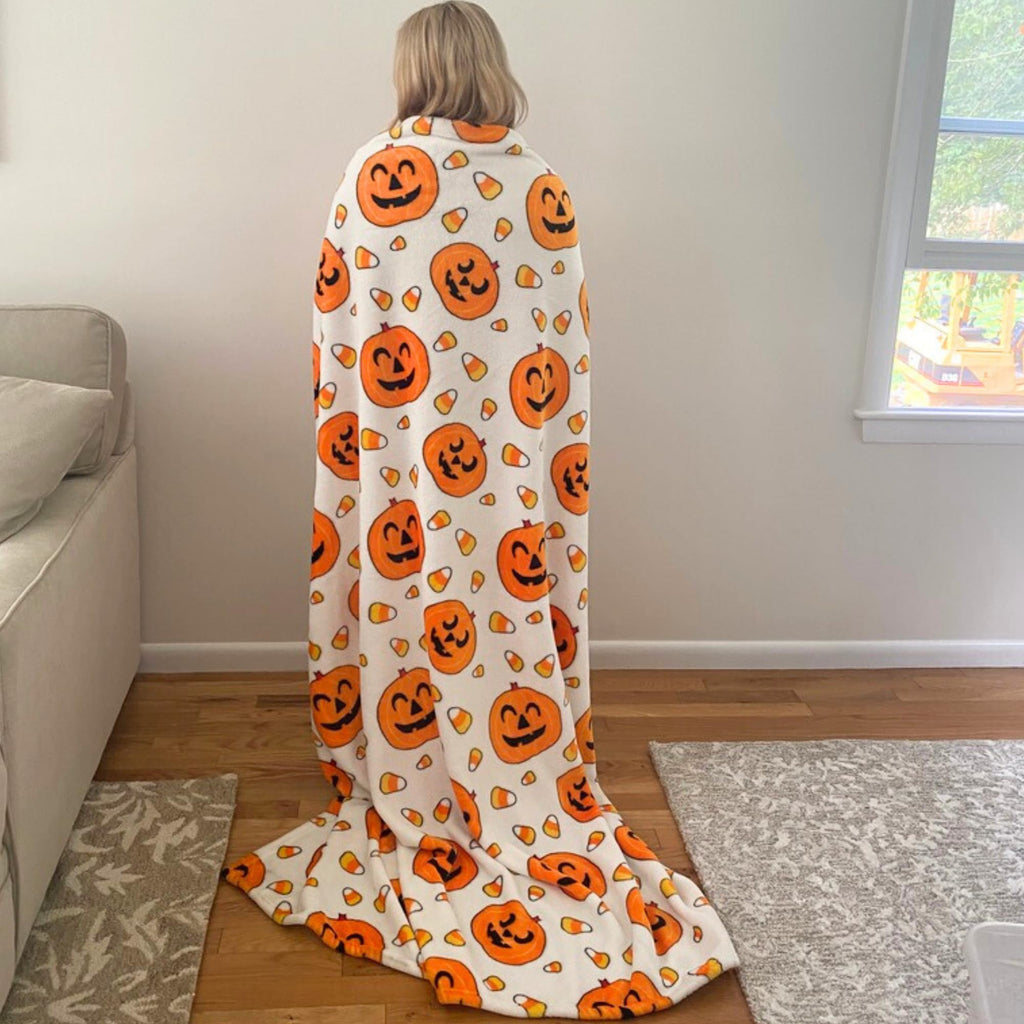 Halloween Throw Blanket: Jack O Lantern Pumpkins With Candy Corns Print On Soft Velvet Fleece For Sofa Bed Couch Chair Or Dorm