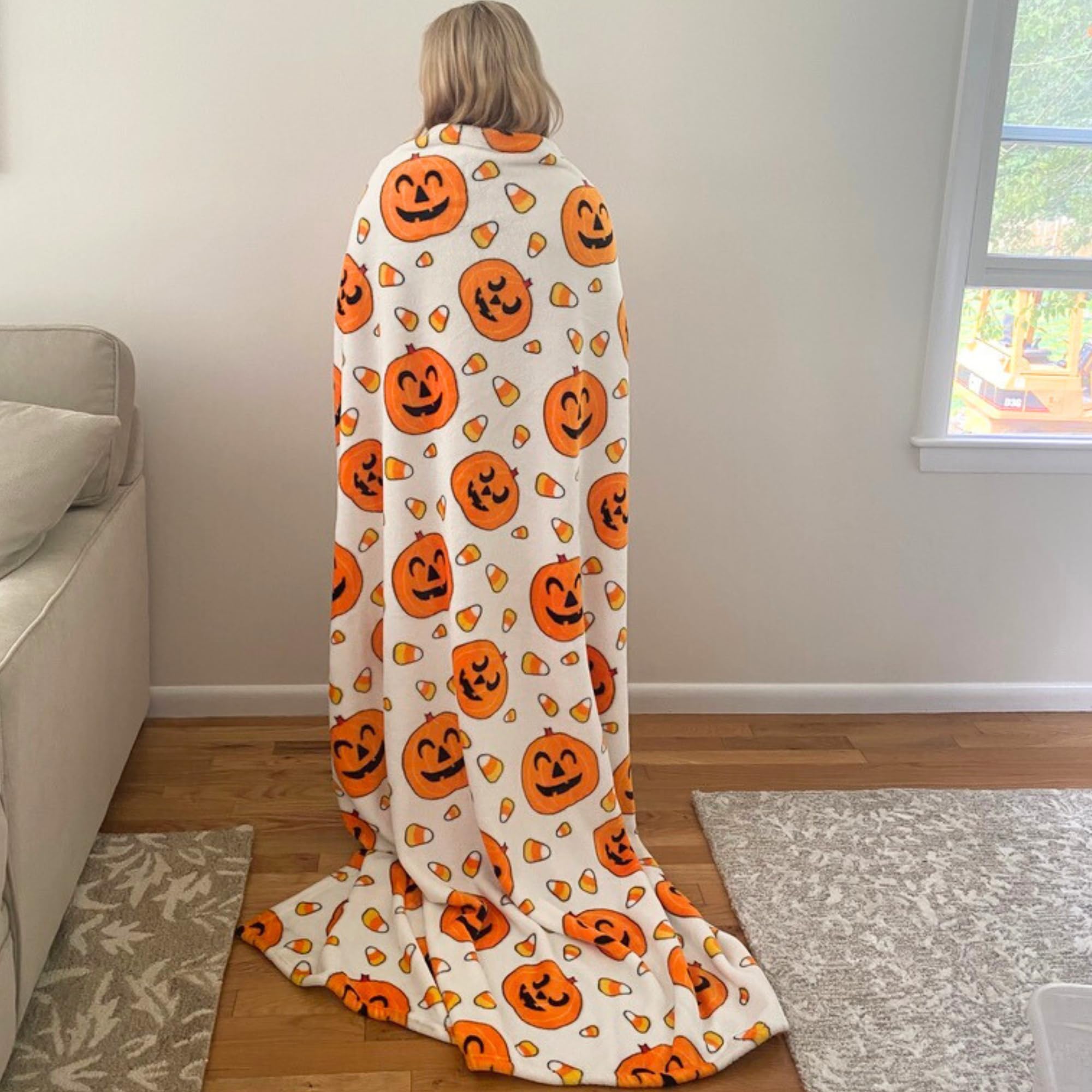 Halloween Throw Blanket: Jack O Lantern Pumpkins With Candy Corns Print On Soft Velvet Fleece For Sofa Bed Couch Chair Or Dorm