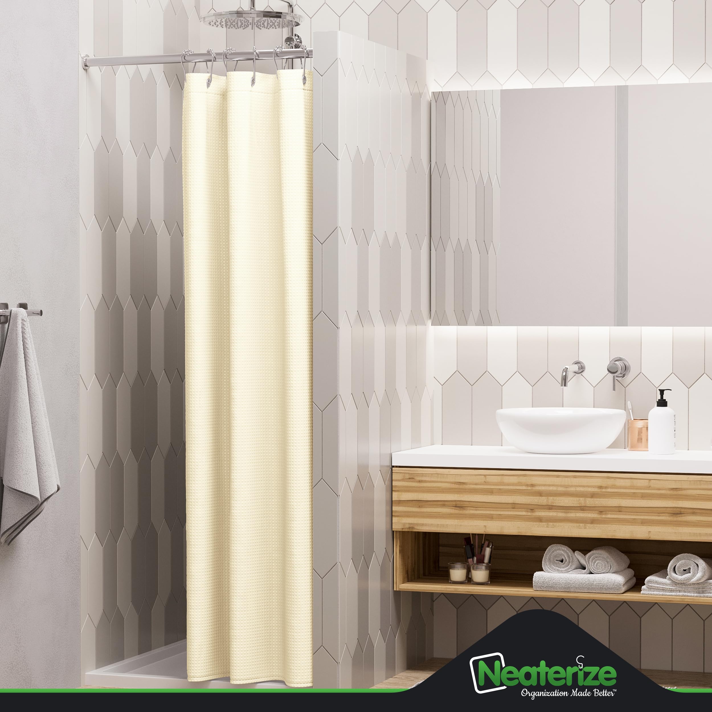 Neaterize Stall Shower Curtain Cream - Hotel Style Cream Shower Curtains For Bathroom With Waffle Design, 36X72 Inches - Fabric