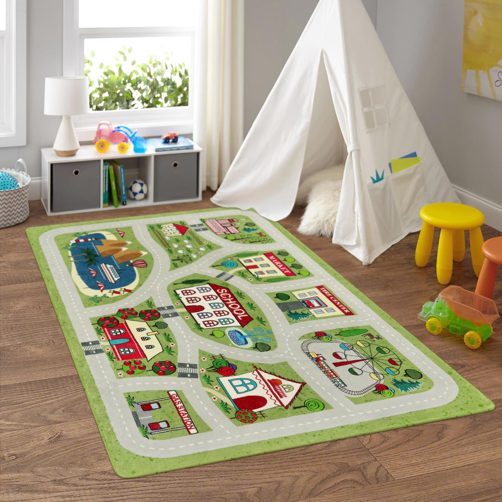 Livebox Green Kids Rug For Playroom, 4'X6' Washable Road Rug For Boys Room, Non-Slip Soft Car Rug For Baby Nursery, Large Kids F