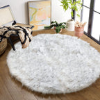 ORINOVA White and Grey Shaggy Round Rugs 6.6ft Large Circle Washable Faux Sheepskin Furry Fur Rugs for Bedroom Living Room Nurse