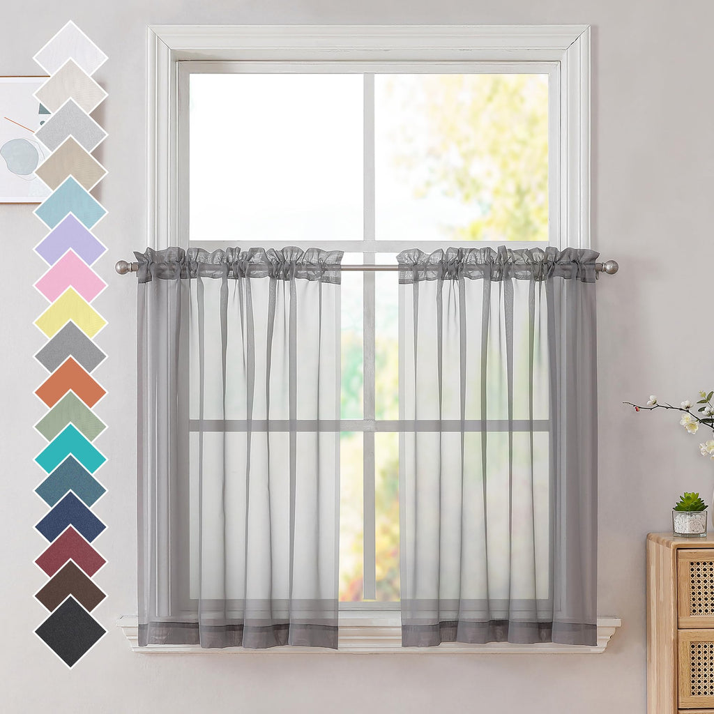 Ovzme Charcoal Grey Sheer Curtains 36 Inches Long, Short Kitchen Window Treatment Solid Sheers Cafe Curtains Bathroom Voile Half