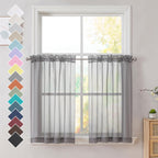 Ovzme Charcoal Grey Sheer Curtains 36 Inches Long, Short Kitchen Window Treatment Solid Sheers Cafe Curtains Bathroom Voile Half