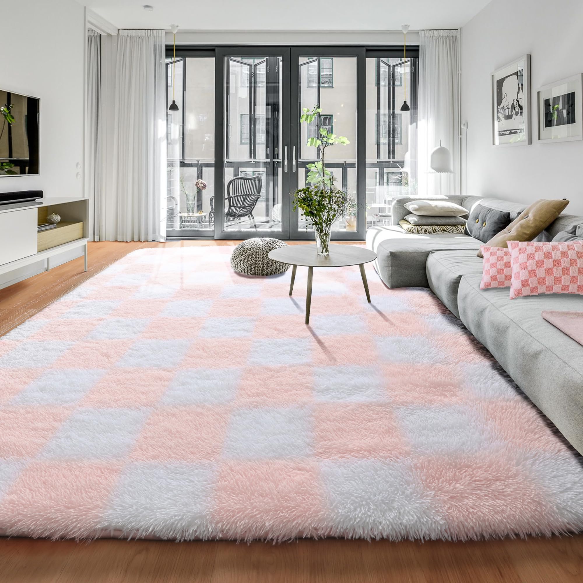 KICMOR Large 6x9 Rugs for Living Room, Soft Fluffy Light Pink and White Checkered Shag Area Rugs Big Fuzzy Shaggy Bedroom Carpet