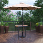 Flash Furniture Lark 3 Piece Outdoor Patio Table Set - Natural Faux Teak Dining Table - 35" Square Synthetic Teak Table with Umbrella Hole - Tan Umbrella with Base
