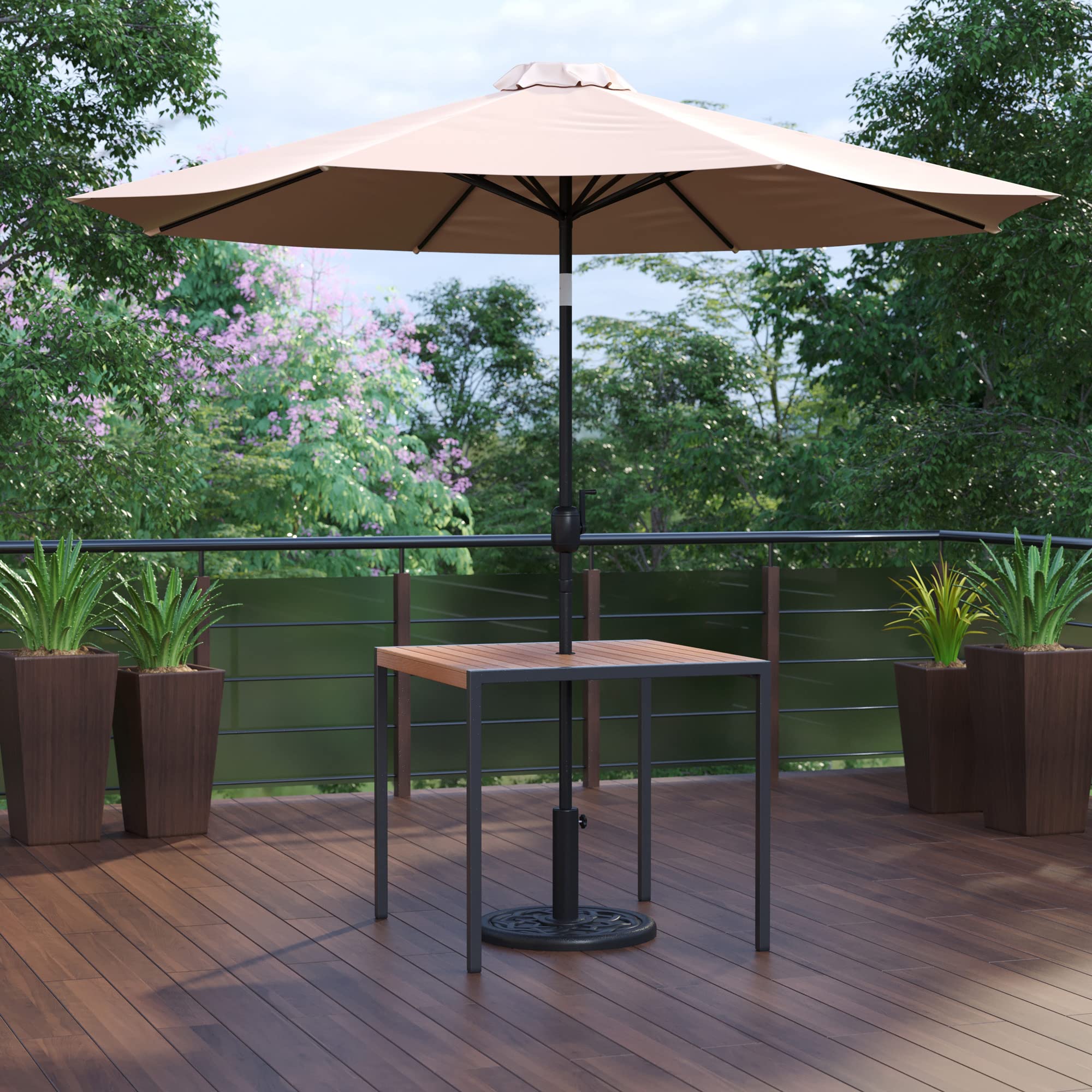 Flash Furniture Lark 3 Piece Outdoor Patio Table Set - Natural Faux Teak Dining Table - 35" Square Synthetic Teak Table with Umbrella Hole - Tan Umbrella with Base