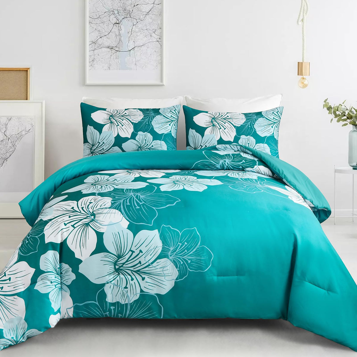 Menghomeus California King Comforter Set Gradient Teal Bedding Floral Comforter Sets Soft Microfiber Bed Comforter Set For All S
