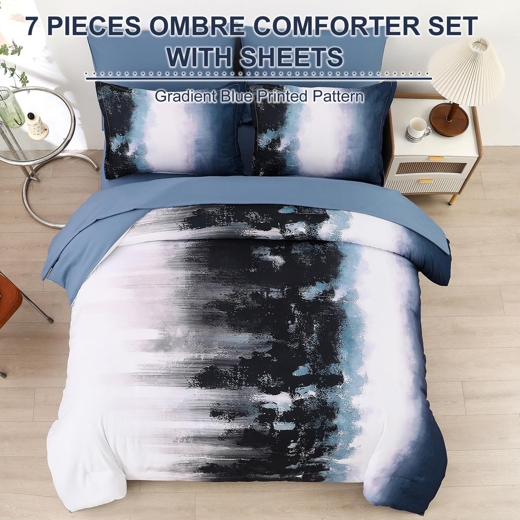Dinjoy Ombre Blue Comforter Set King Size Gradient Navy Blue Black Boho Bedding Set For Teen Men Women 7 Pieces Bed In A Bag Boh