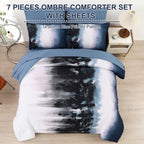 Dinjoy Ombre Blue Comforter Set King Size Gradient Navy Blue Black Boho Bedding Set For Teen Men Women 7 Pieces Bed In A Bag Boh