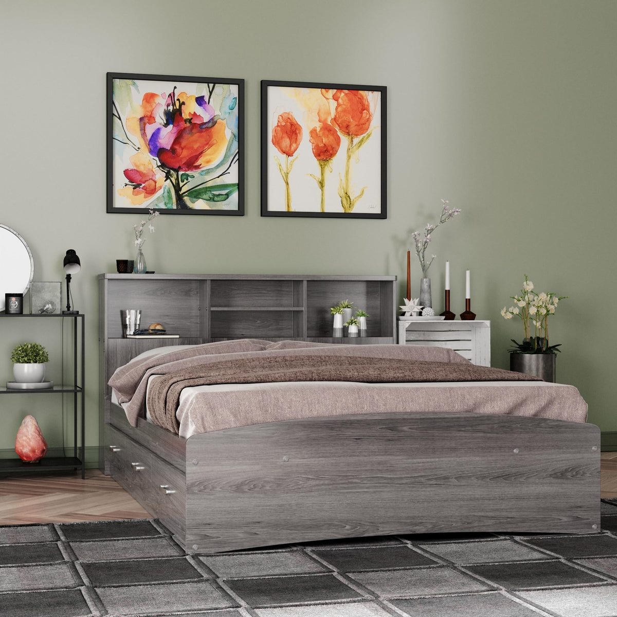 Bed with 3 Drawers and Bookcase Headboard (Grey, Queen)