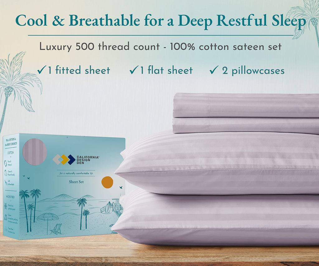 California Design Den - Deep Pocket Queen Sheet Sets, Soft 100% Cotton Cooling Sheets With Snug Fit Elastic, 500 Thread Count, 4-Pc, Hotel Quality, Damask Stripe Bedding For Home (Stripe - Lavender)