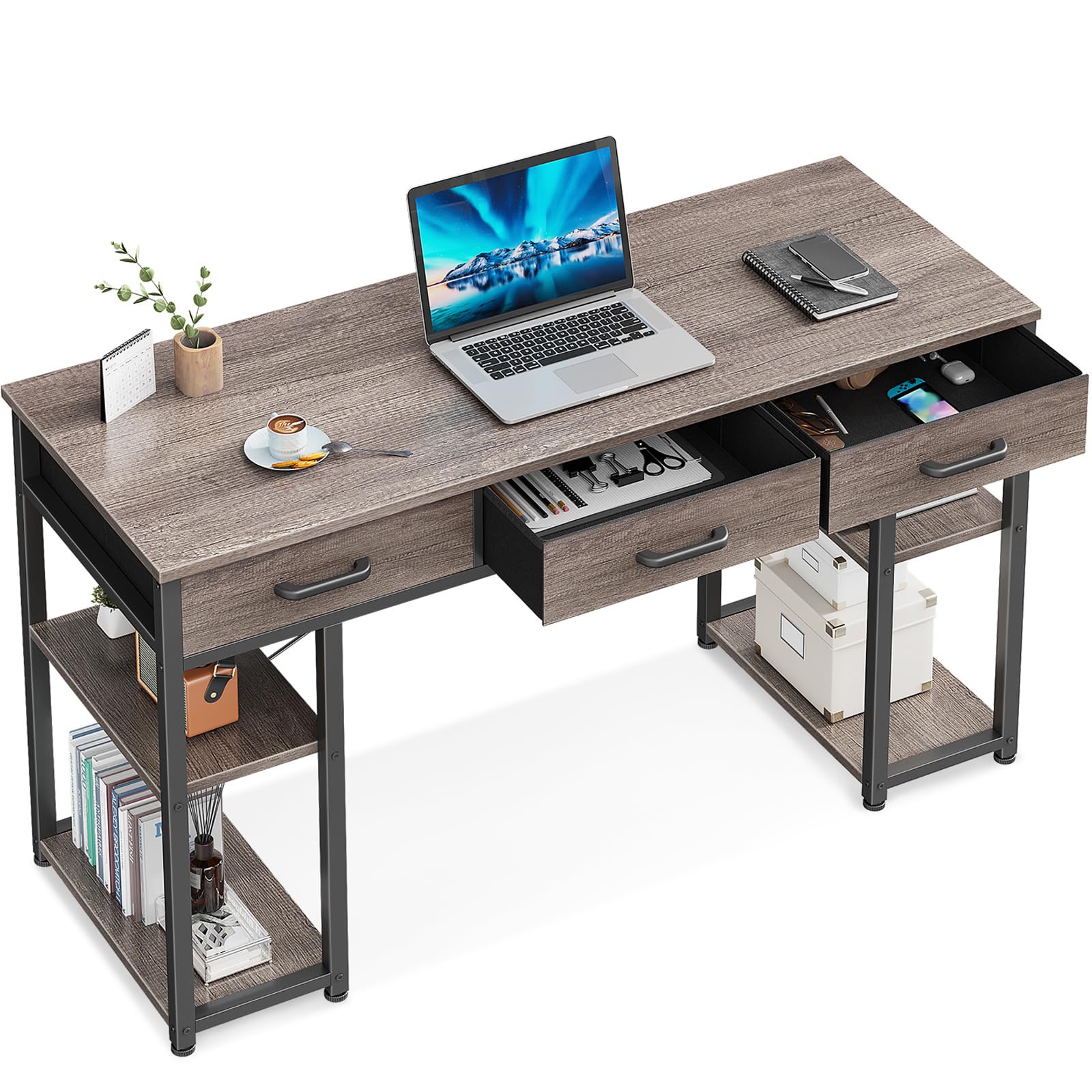 Odk Office Small Computer Desk: Home Table With Fabric Drawers & Storage Shelves, Modern Writing Desk, Grey Oak, 48'X16'