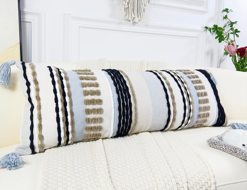 NUYECY Chenille and Cotton Long Pillow for Bed,Striped Textured Boho Long Lumbar Throw Pillow Cover 14x36,Neutral Accent Decorat