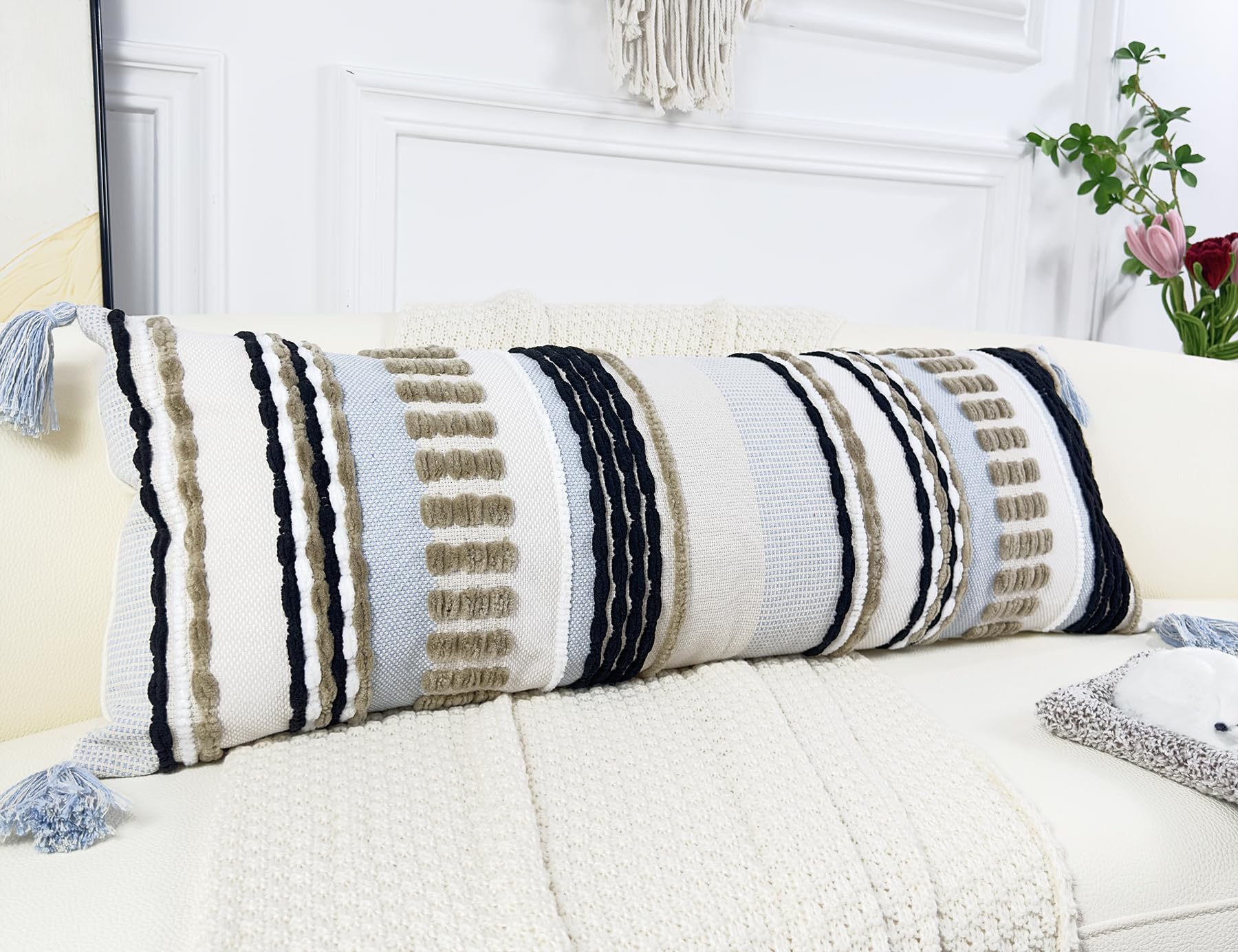 NUYECY Chenille and Cotton Long Pillow for Bed,Striped Textured Boho Long Lumbar Throw Pillow Cover 14x36,Neutral Accent Decorat