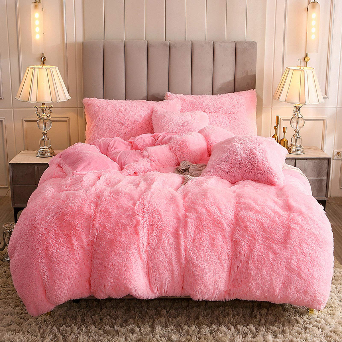 Uhamho Faux Fur Velvet Fluffy Bedding Duvet Cover Set Down Comforter Quilt Cover With Pillow Shams, Ultra Soft Warm (Pink, Queen