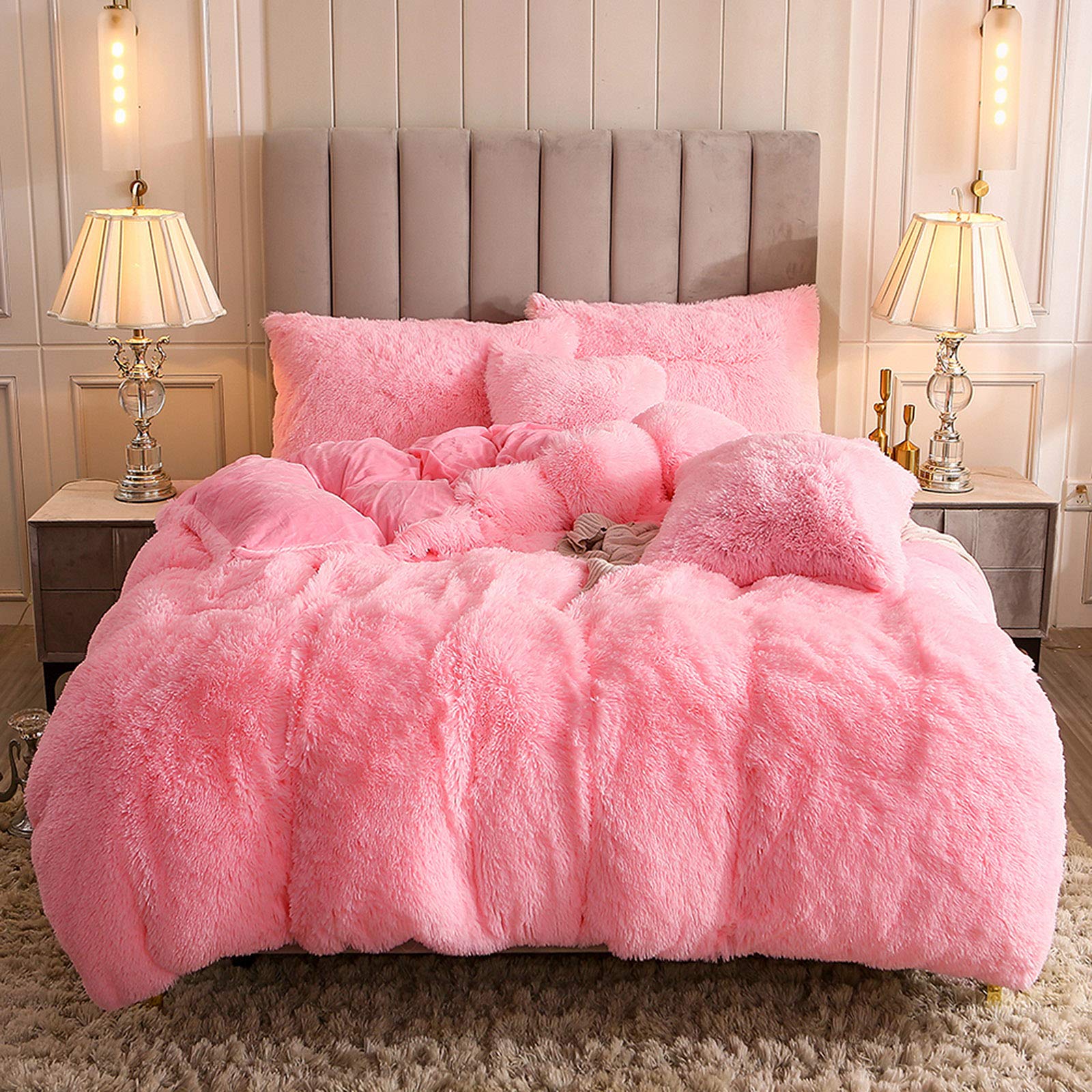 Uhamho Faux Fur Velvet Fluffy Bedding Duvet Cover Set Down Comforter Quilt Cover With Pillow Shams, Ultra Soft Warm (Pink, Queen