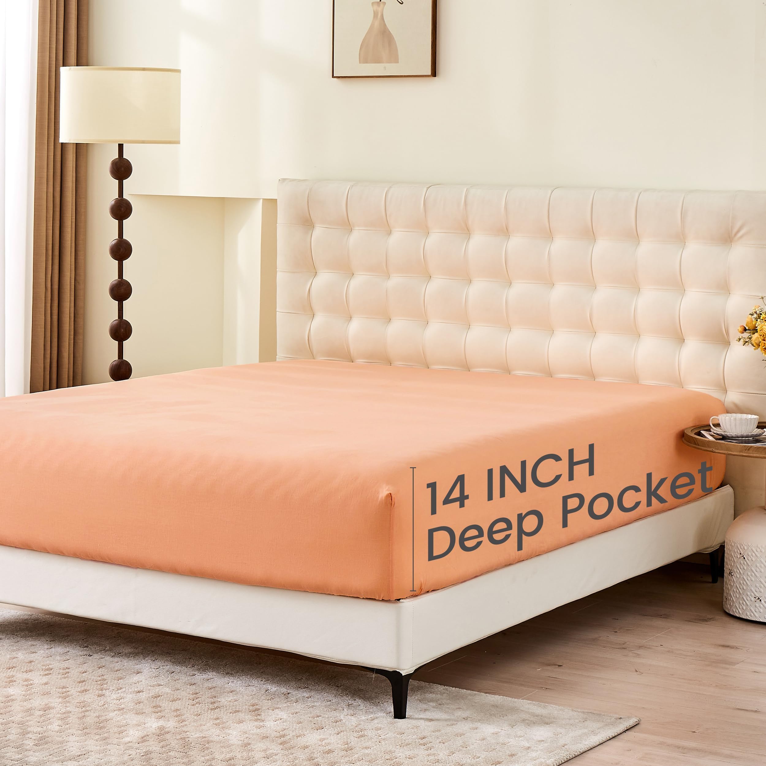 Simple&Opulence Linen Fitted Sheet (1 Piece) - 14 Inch Deep Pocket Mattress Cover Natural Flax Cotton Blended Soft Breathable Bedding - Peach, Full Size