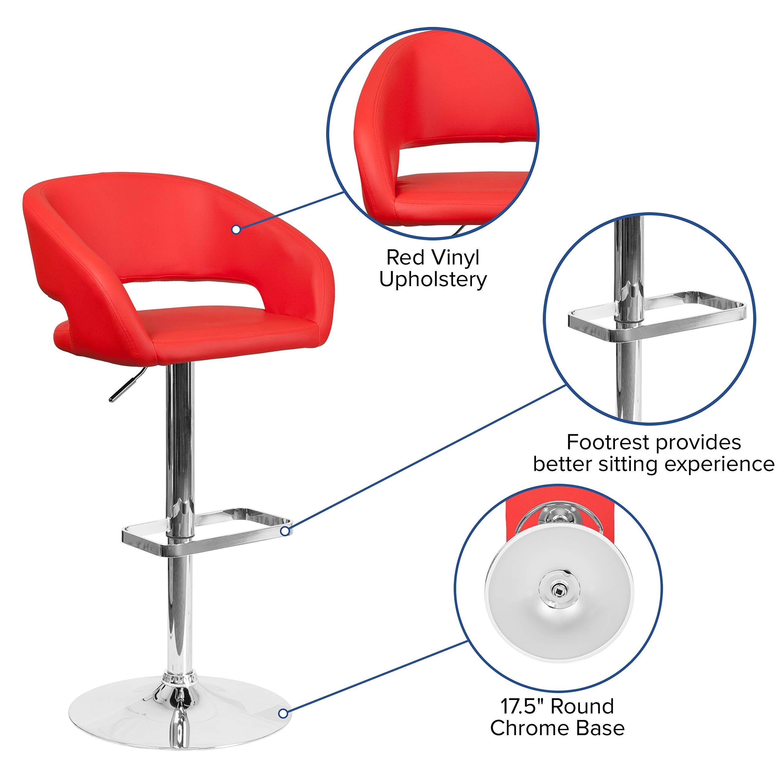 Flash Furniture Erik Comfortable & Stylish Contemporary Barstool with Rounded Mid-Back and Foot Rest, Adjustable Height - Red Vinyl with Chrome Base