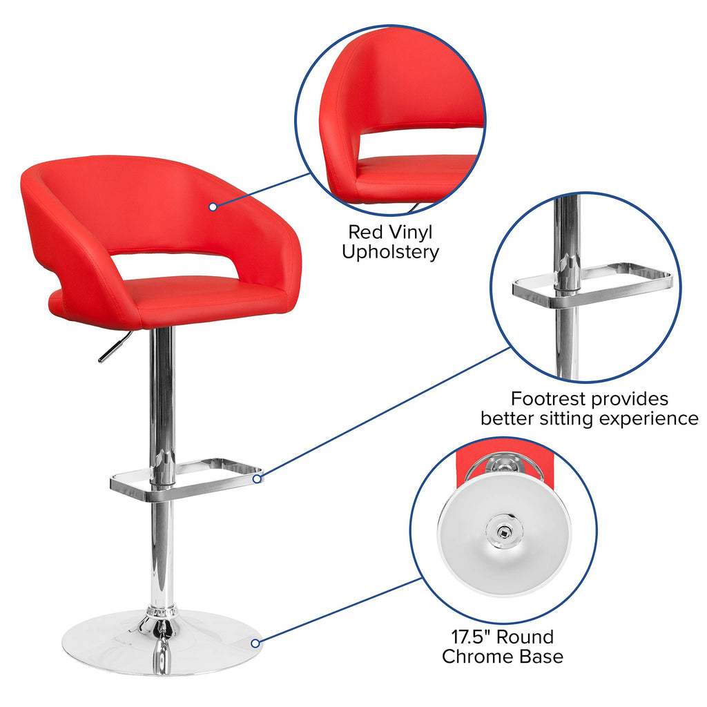 Flash Furniture Erik Comfortable & Stylish Contemporary Barstool with Rounded Mid-Back and Foot Rest, Adjustable Height - Red Vinyl with Chrome Base