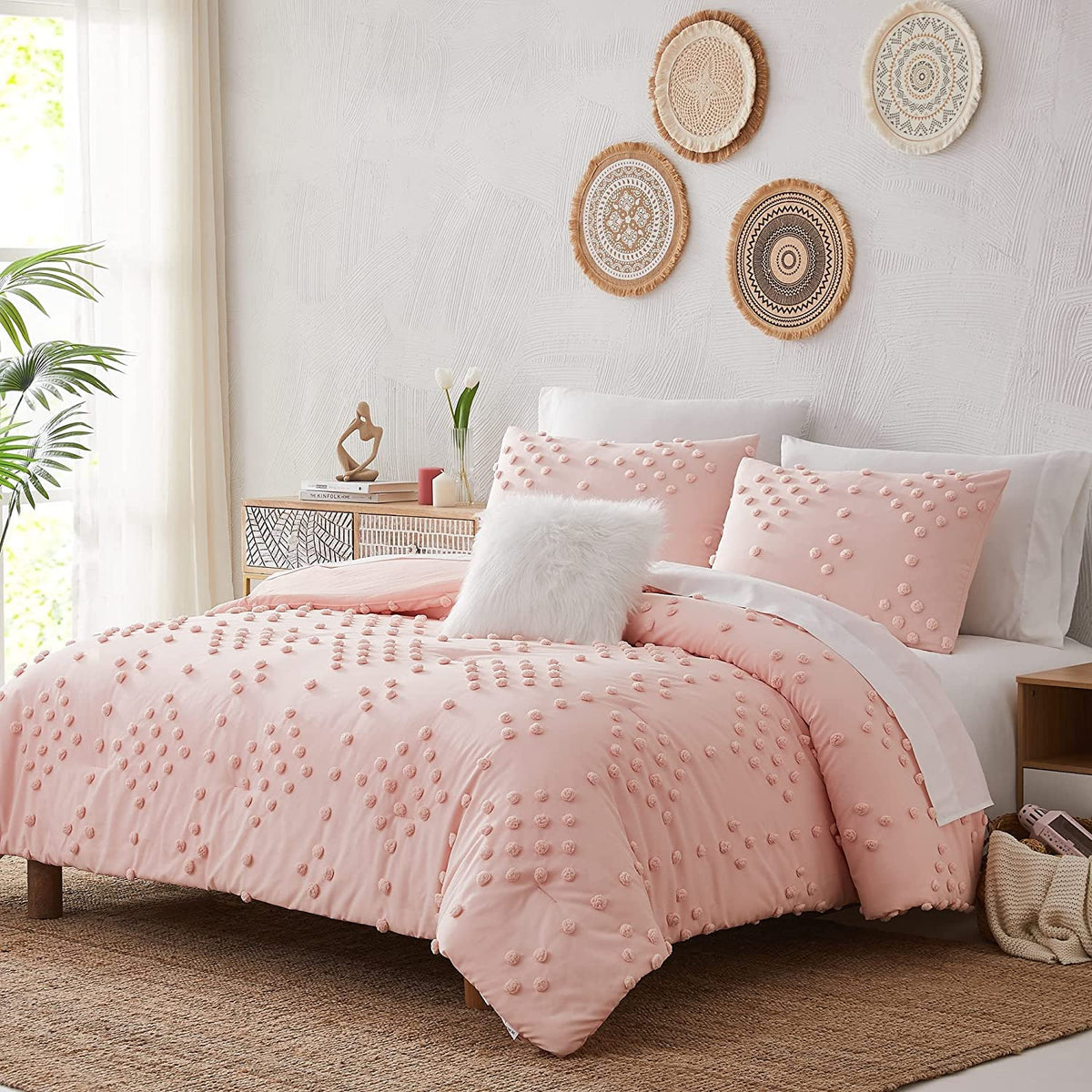 Geniospin Pink Comforter Set Queen, Pom Pom Tufted Pattern Design Bedding Sets 8 Pieces, Boho All Season Comfortable, Lightweigh