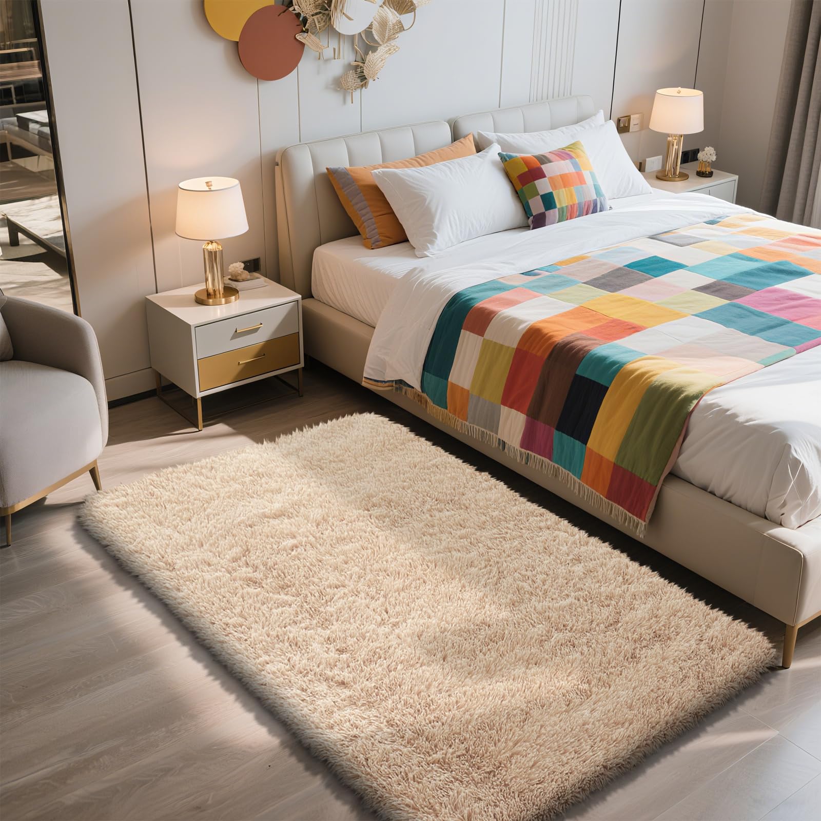 Shag Area Rug for Bedroom 3x5,Beige Fluffy Area Rugs for Living Room,Soft Fuzzy Rug Non-Shedding Indoor Plush Carpet for Kids Be