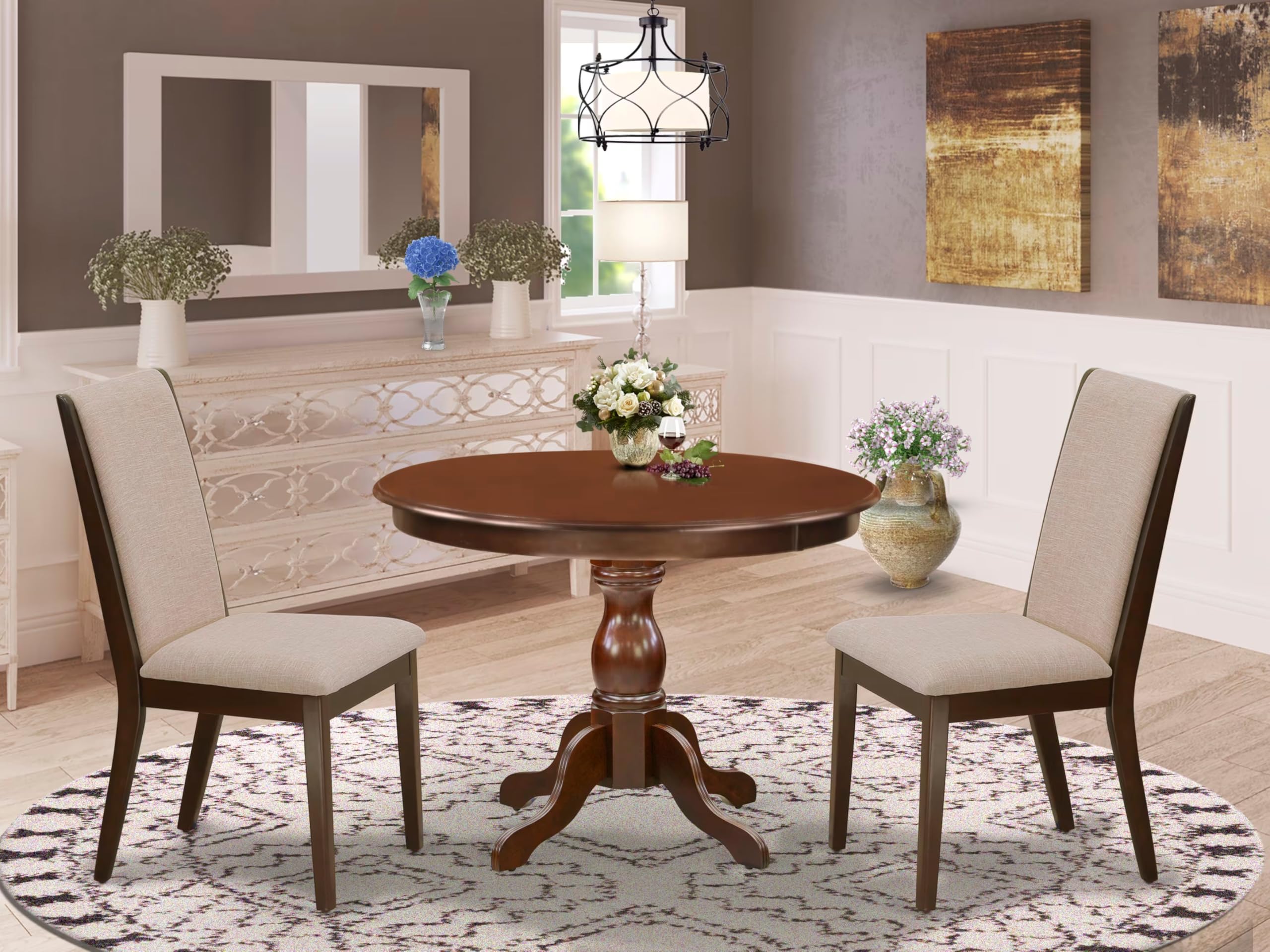 East West Furniture HBLA3-MAH-04 3 Piece Dining Room Table Set Contains a Round Dining Table with Pedestal and 2 Light Tan Linen Fabric Upholstered Parson Chairs, 42x42 Inch, Mahogany