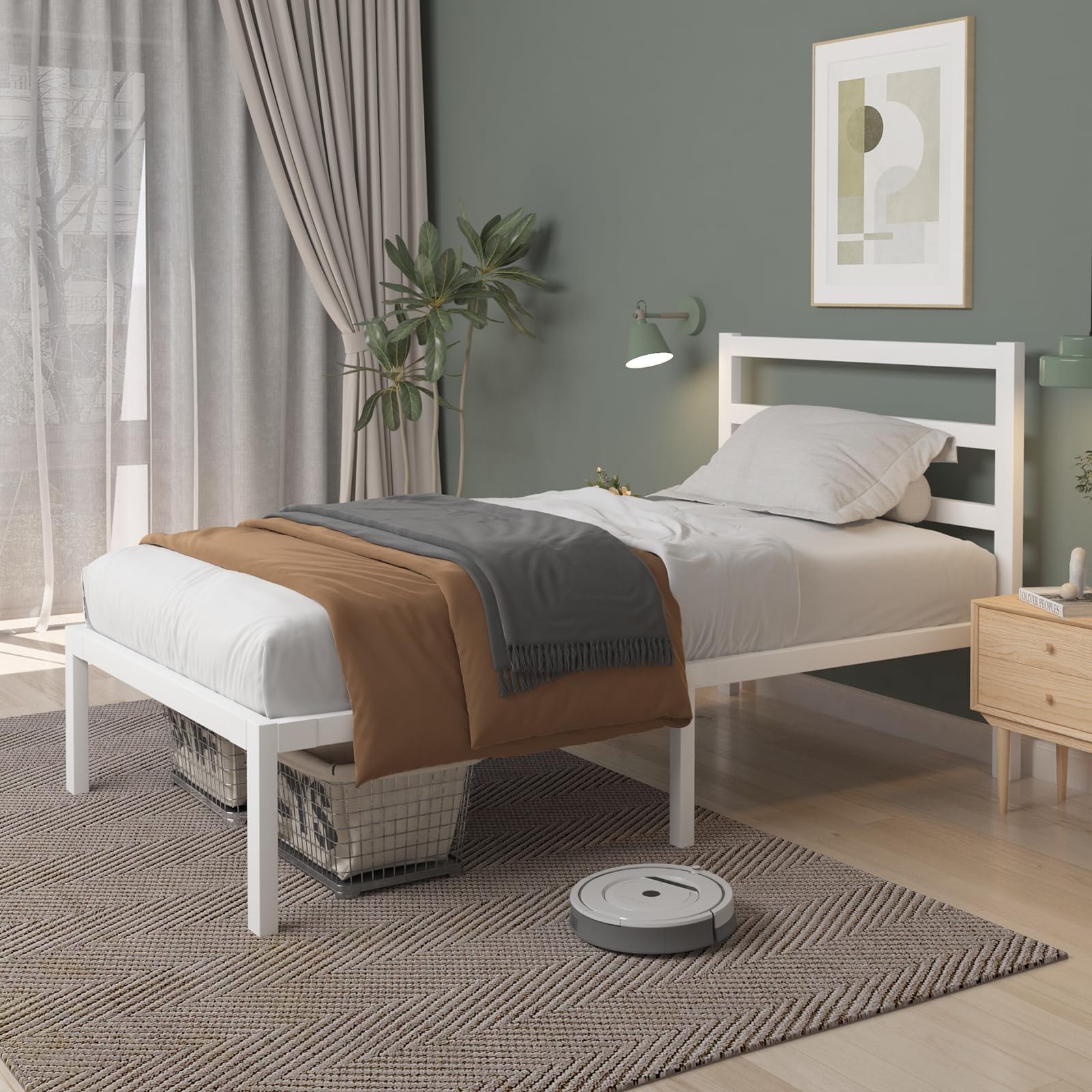 LoVinson Twin Size Metal Platform Bed Frame with Metal Slats, Classic Style Headboard and Footboard/Under Bed Storage/Mattress F