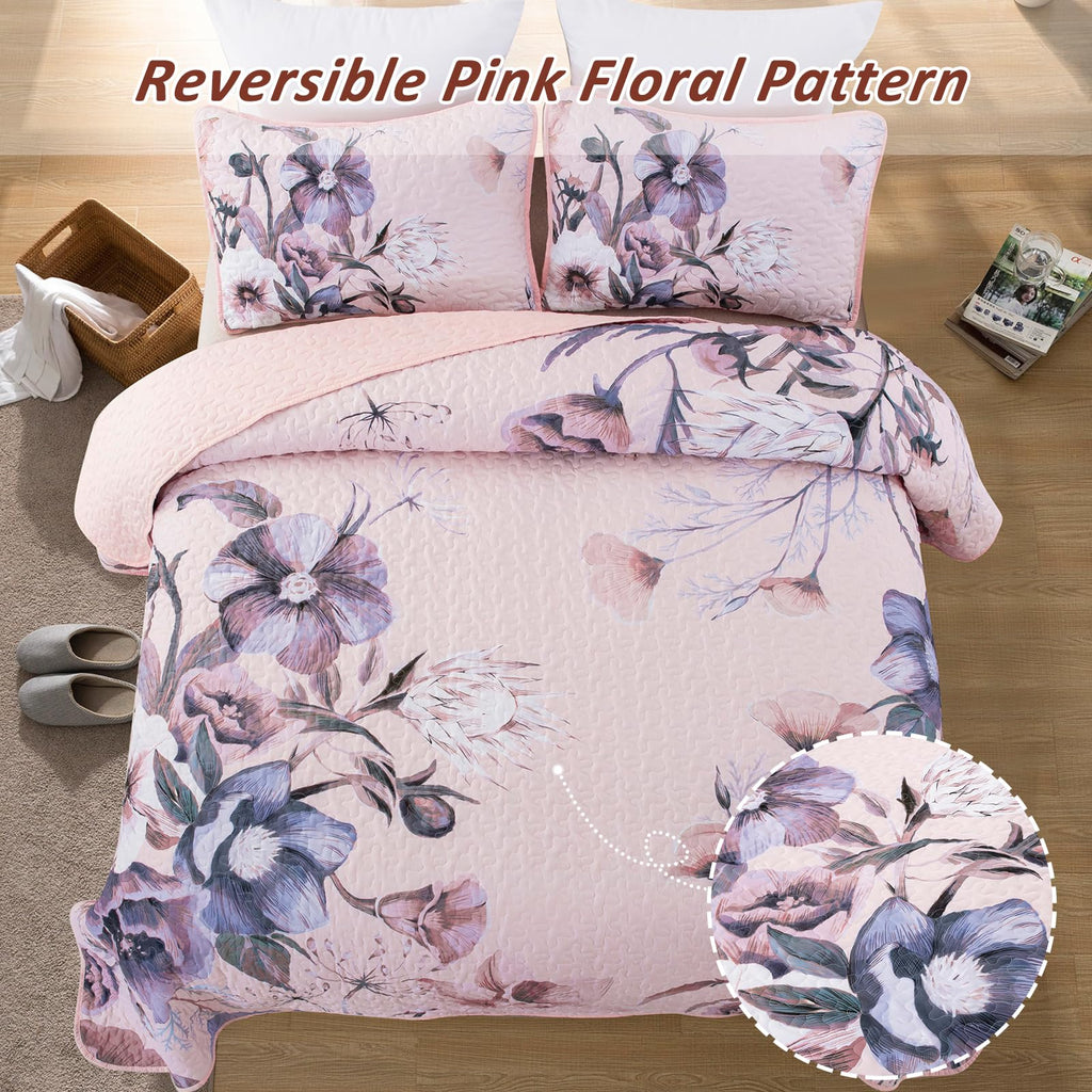 Drucon Floral Quilt Set King 3 Pieces Pink Floral Quilt Coverlet Set Soft Microfiber Lightweight Pink Quilted Bedspread For All