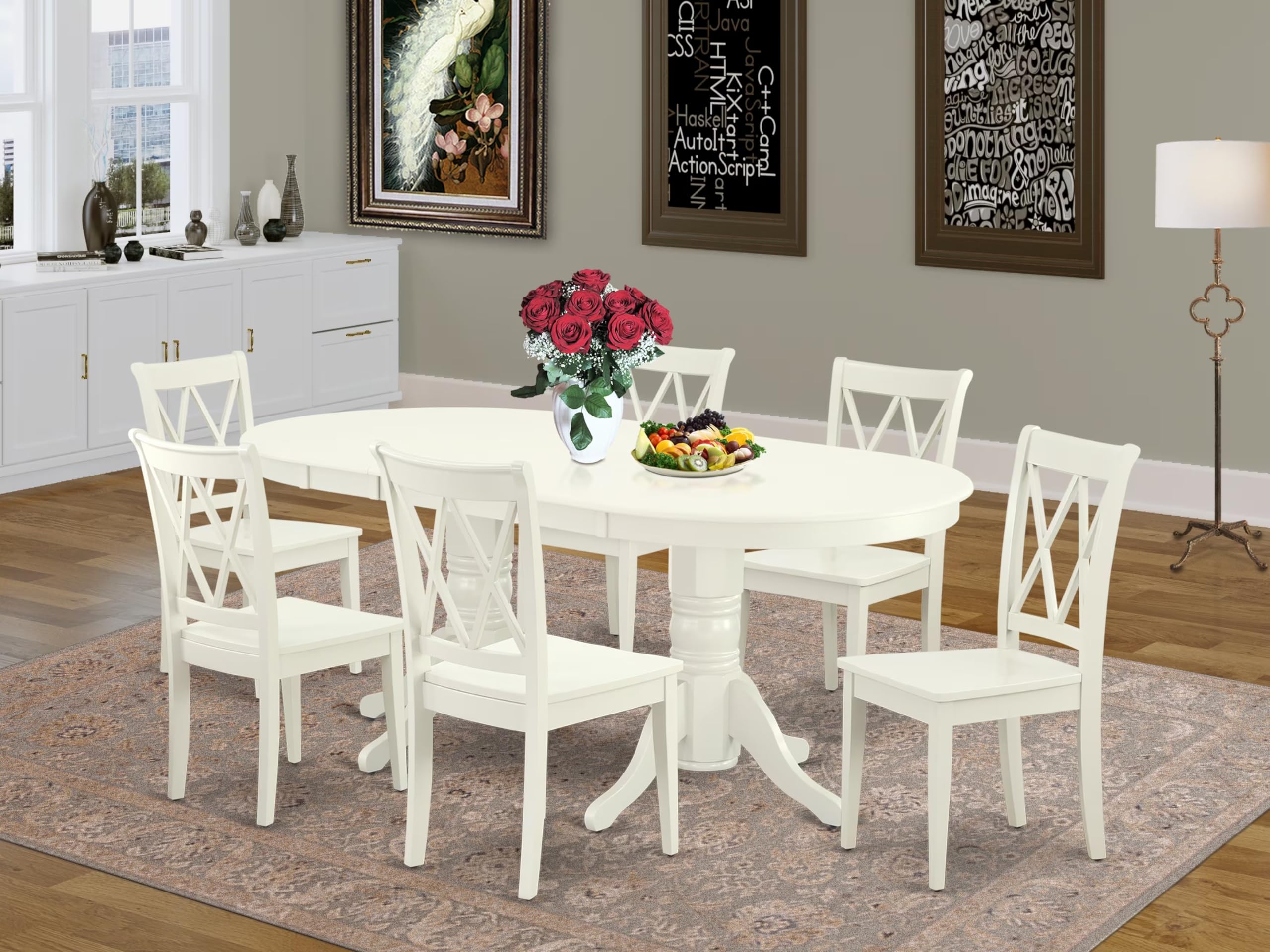 East West Furniture Vacl7-Lwh-W 7 Piece Modern Dining Table Set Consist Of An Oval Wooden Table With Butterfly Leaf And 6 Kitchen Dining Chairs, 40X76 Inch, Linen White