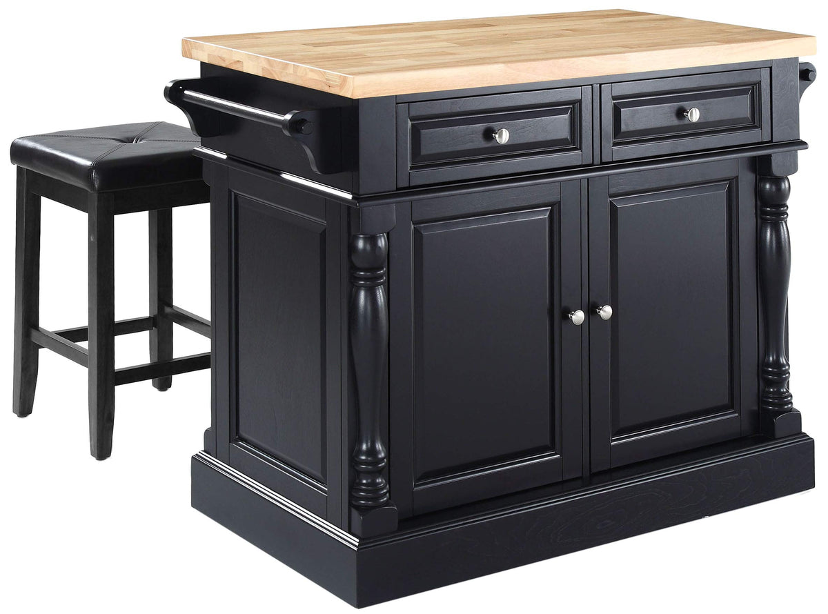 Crosley Furniture Oxford Butcher Block Kitchen Island, Coffee Bar, with a Set of 2 Square Seat Stools, Black