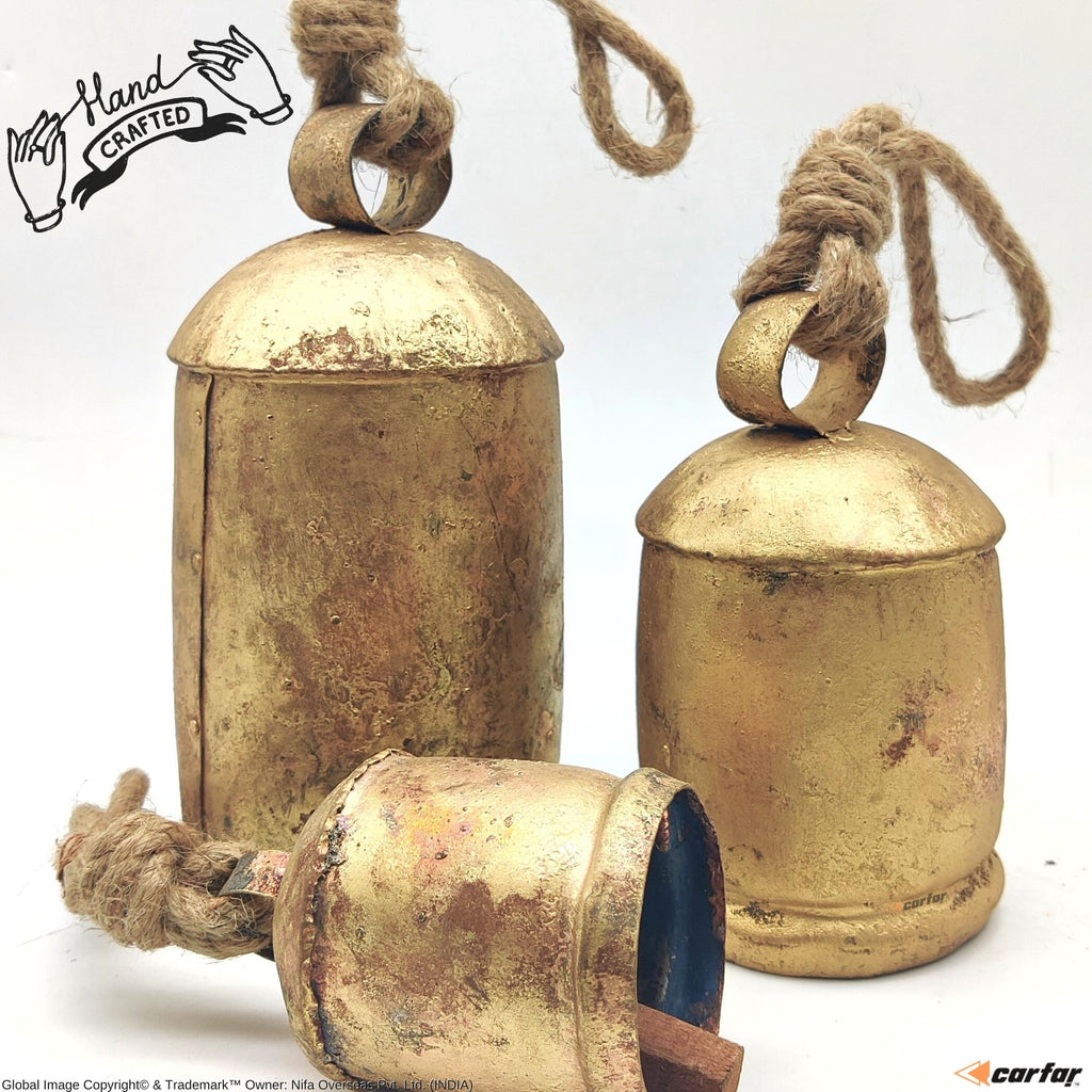 Carfar Handicrafts Vintage Rustic Metal Harmony Cow Bells Set Of 3 Huge Rustic Christmas Handmade Bells On Jute Rope