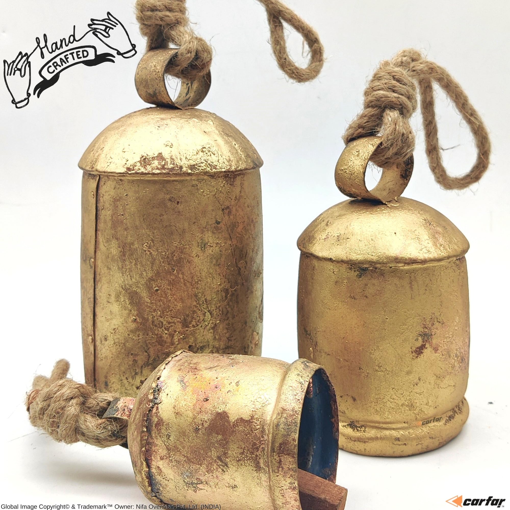 Carfar Handicrafts Vintage Rustic Metal Harmony Cow Bells Set Of 3 Huge Rustic Christmas Handmade Bells On Jute Rope