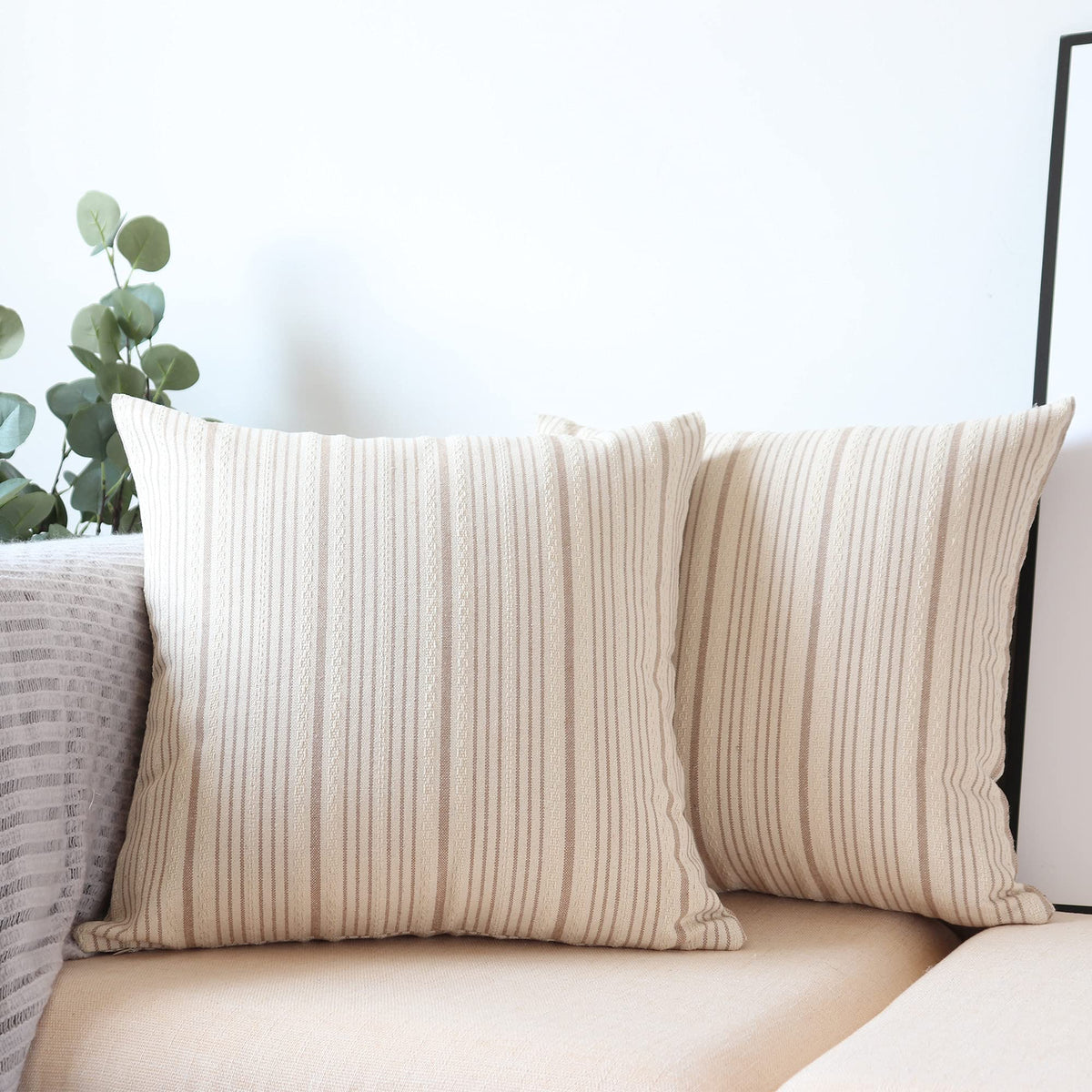 Navibule Tan Pillow Covers Decorative Farmhouse Linen Throw Pillow Covers Striped Square Throw Pillows For Couch Sofa Bed Pack O