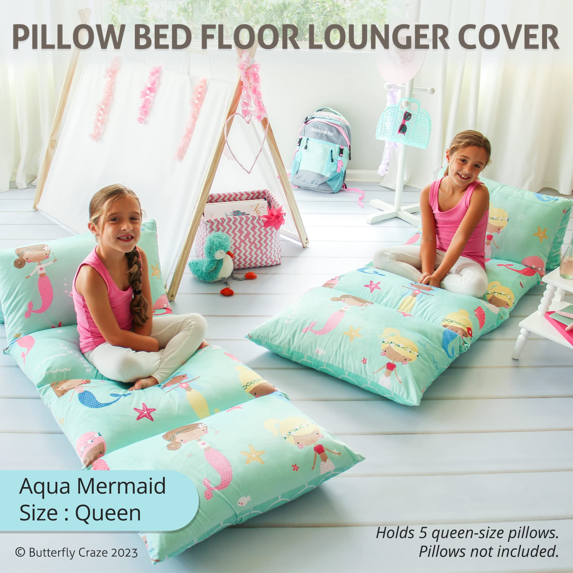 Butterfly Craze Floor Pillow Case, Mattress Bed Lounger Cover, Mermaid Aqua, Queen Size - Cozy Seating Solution For Kids & Adult