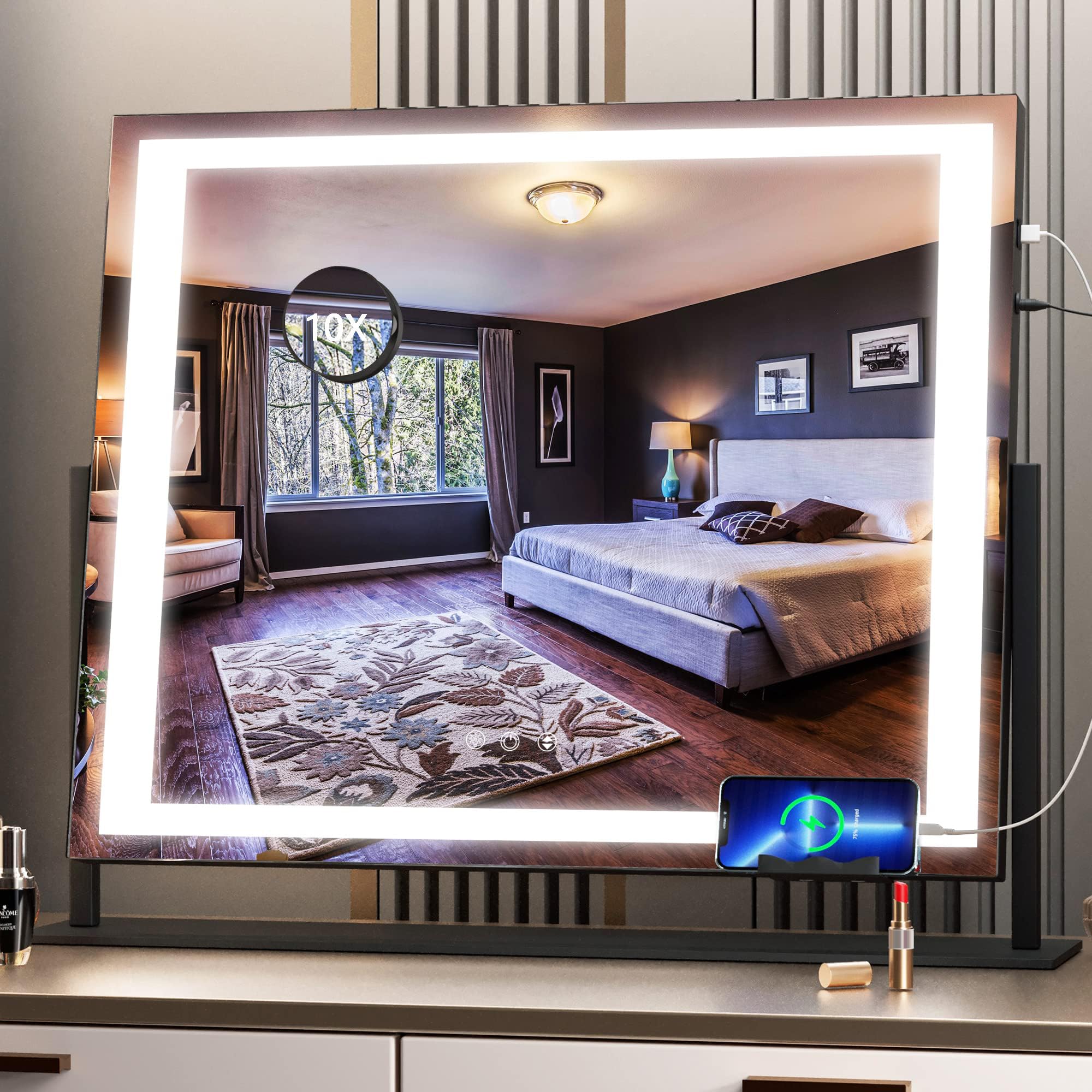 Hasipu Vanity Mirror with Lights, 24.2  x 19.7  LED Makeup Mirror, Light up Mirror with 10X Magnification and USB, Phone Holder,