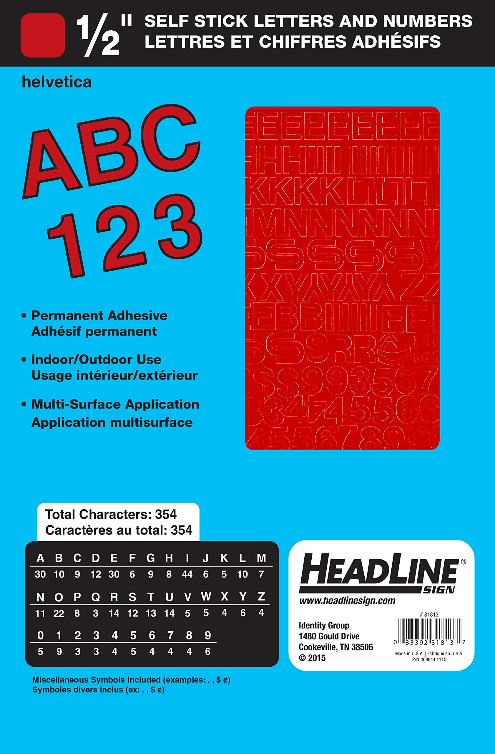 Headline Sign 31813 Stick-On Vinyl Letters And Numbers, Red, 1/2-Inch, Made In Usa