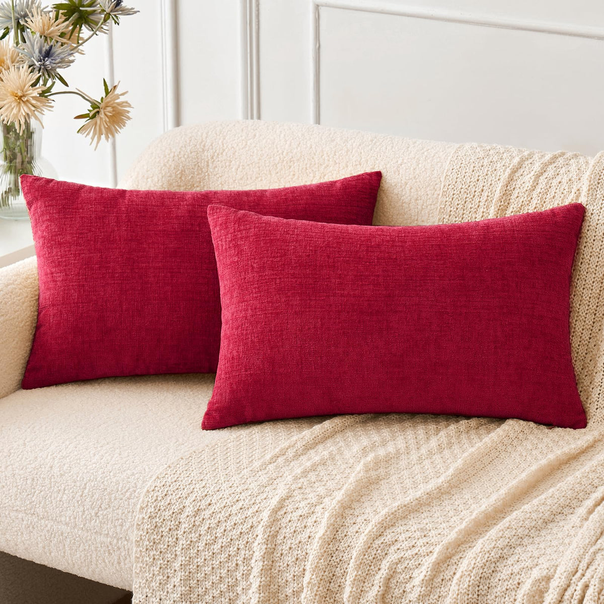 Miulee Pack Of 2 Red Couch Throw Pillow Covers Christmas 12X20 Inch Soft Chenille Pillow Covers For Sofa Living Room Solid Dyed