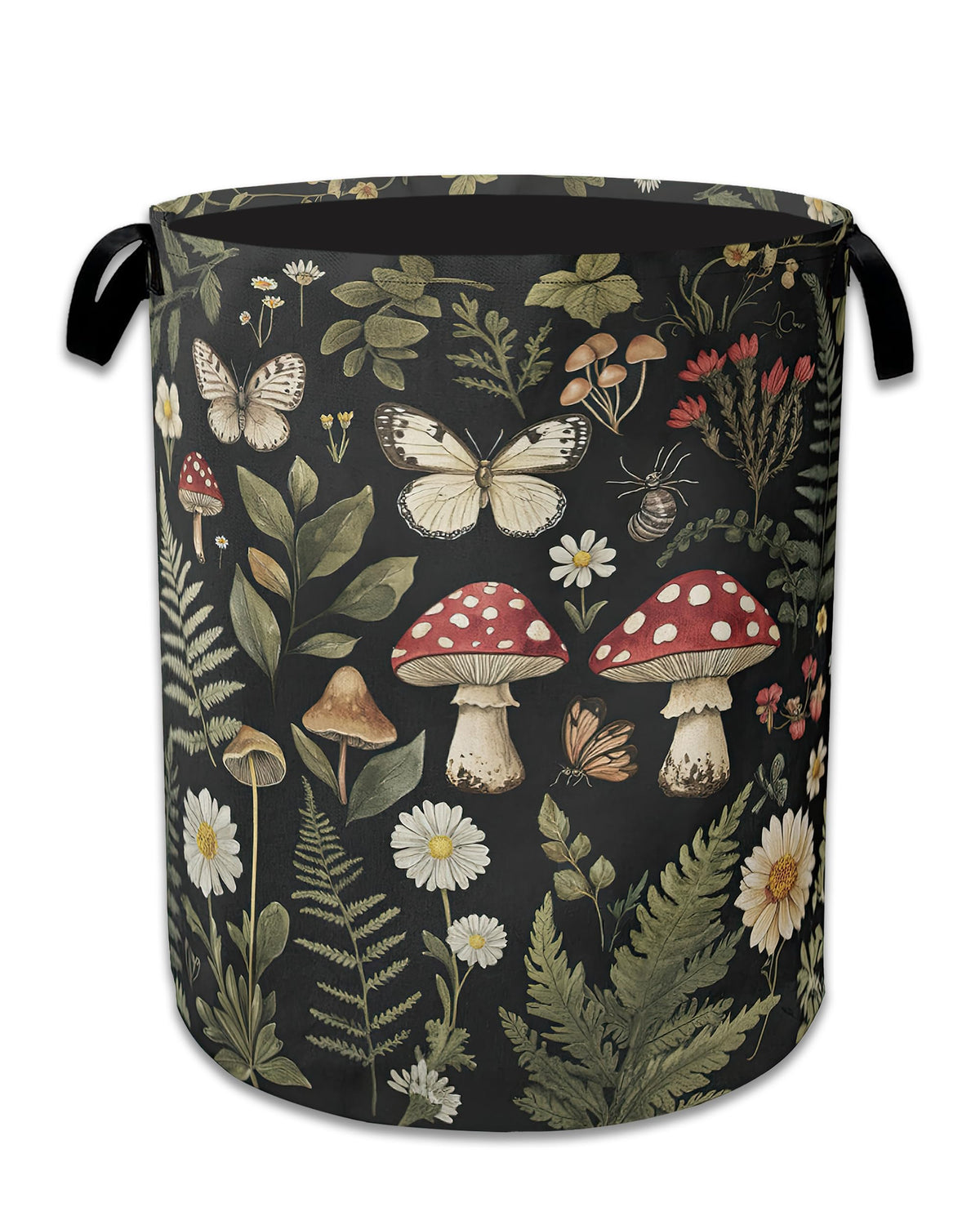 Red Mushroom Laundry Basket,Foldable Oxford Cloth Butterfly Plant Herb Laundry Hamper With Handle, 20.8x16 Portable Clothes St