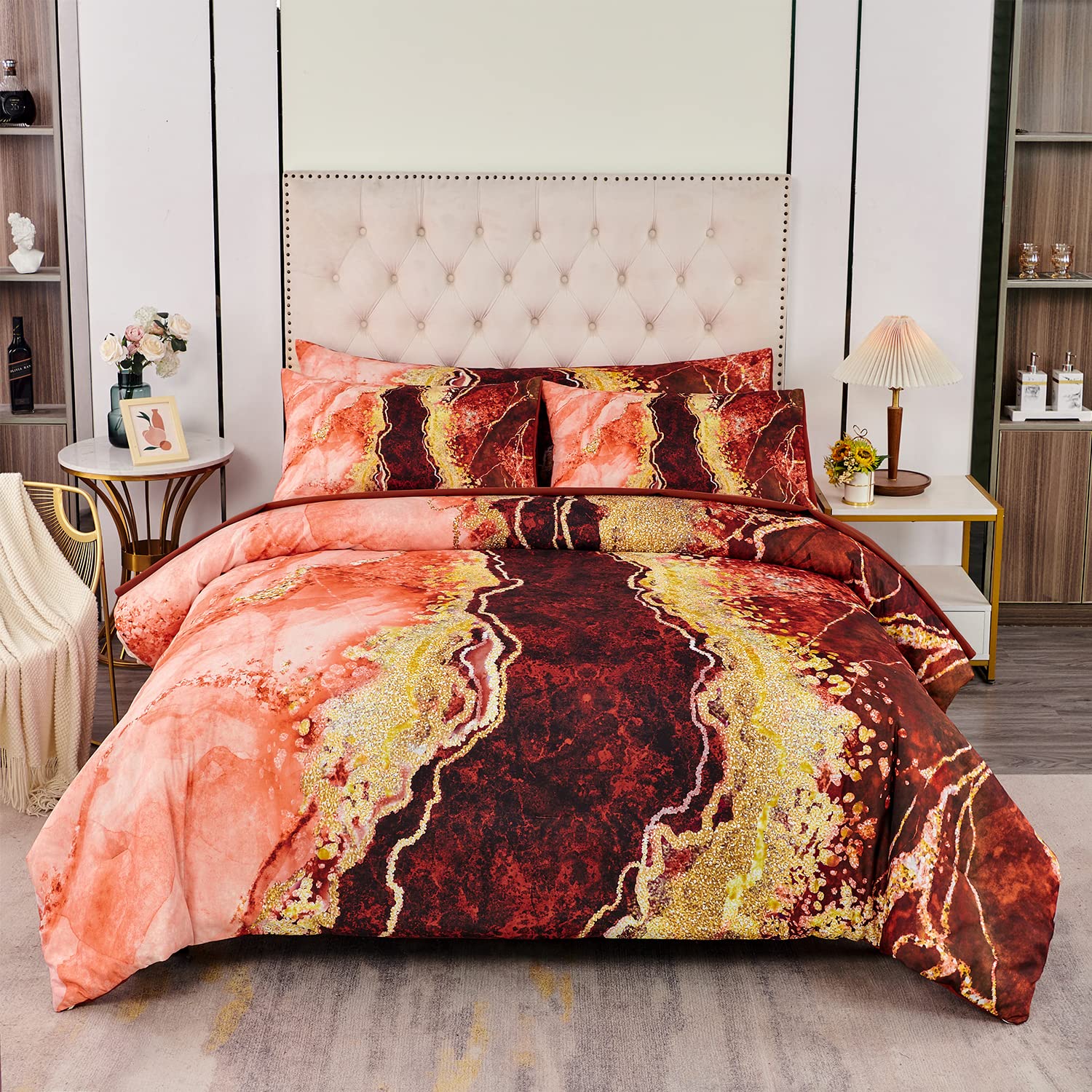 Perfemet 6 Pcs Comforter Set Queen Size Orange Watercolor Mable Printed Bedding With Comforter And Sheets Aesthetic Artwork Styl
