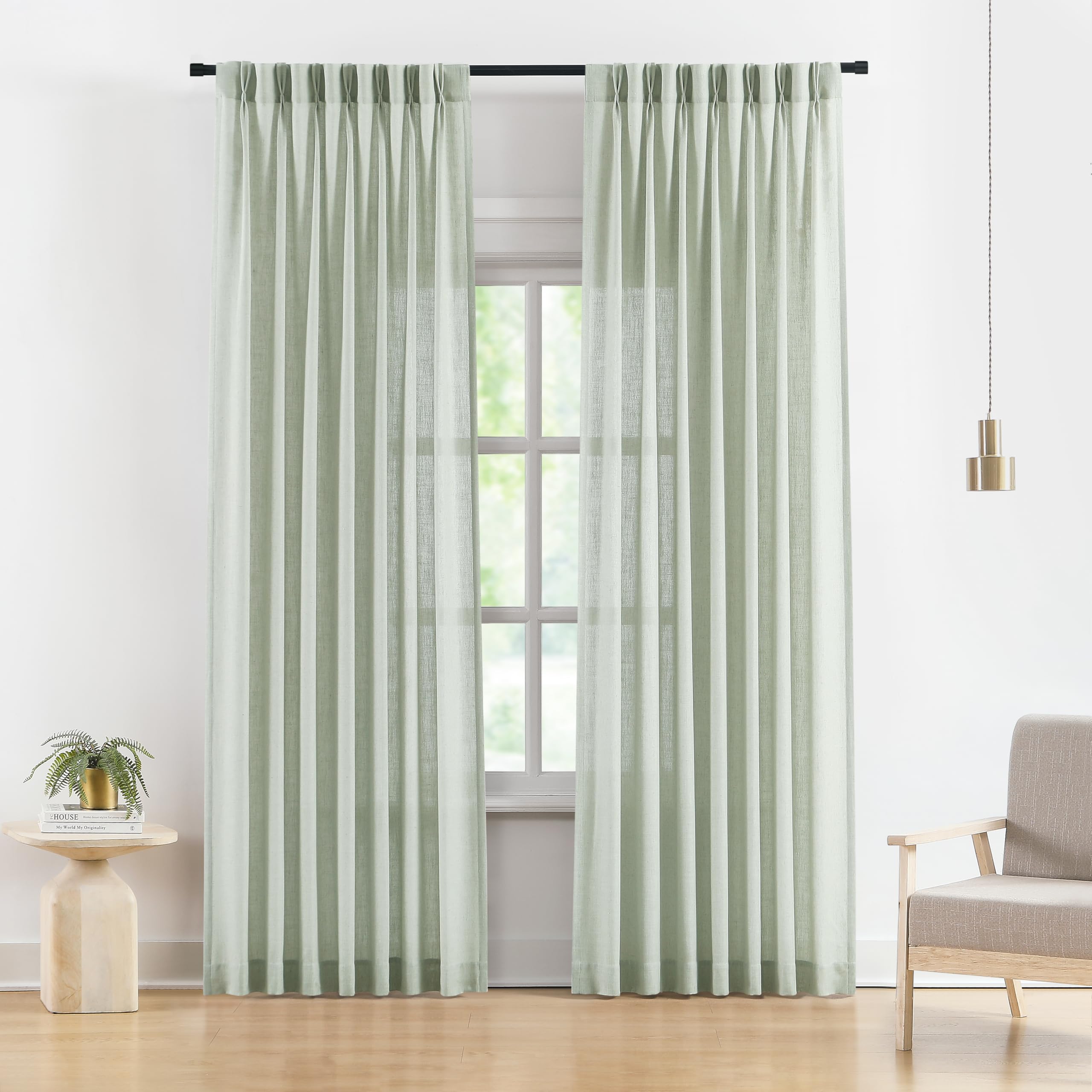 Vision Home Soft Green Pinch Pleated Semi Sheer Curtains Textured Linen Blended Light Filtering Window Curtains 95 Inch For Livi