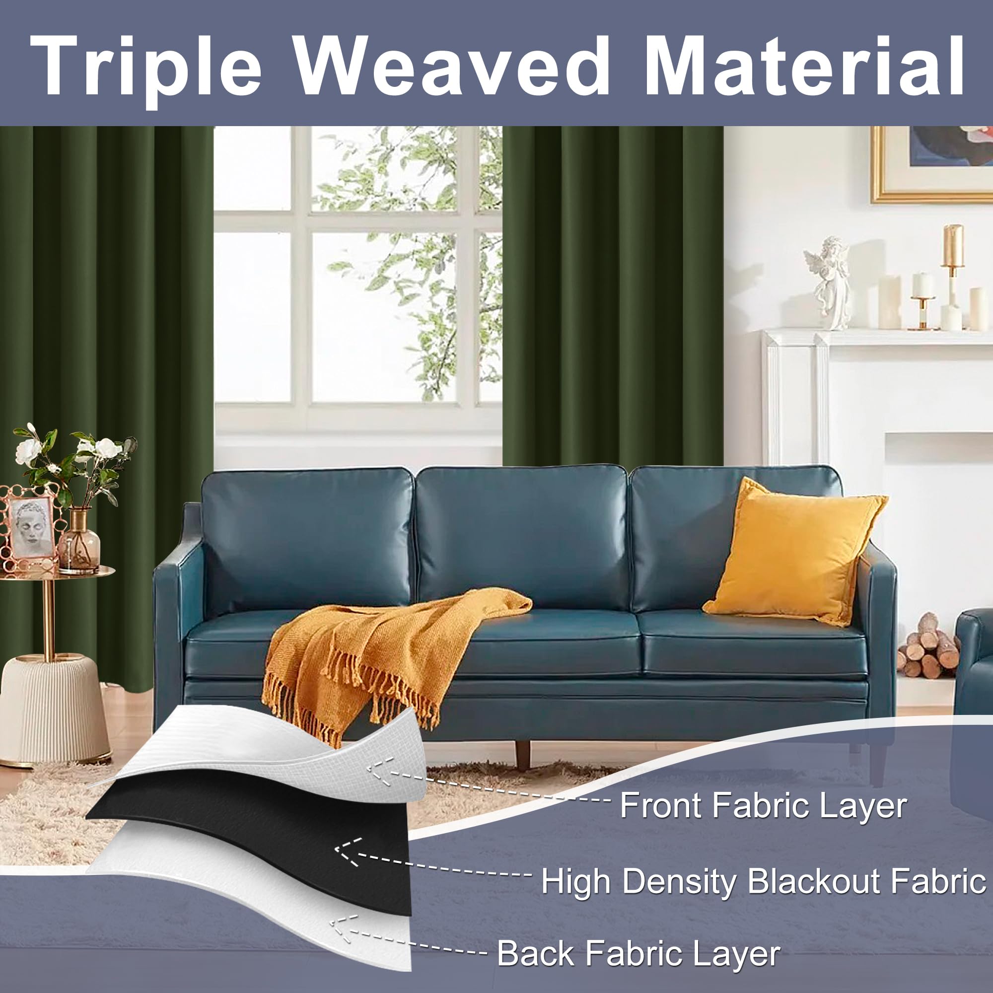 Jiuzhen Blackout Curtains For Bedroom - Thermal Insulated Room Darkening Rod Pocket Curtains For Living Room, Set Of 2 Panels With Tiebacks, 60 X 72 Inch Length, Olive Green