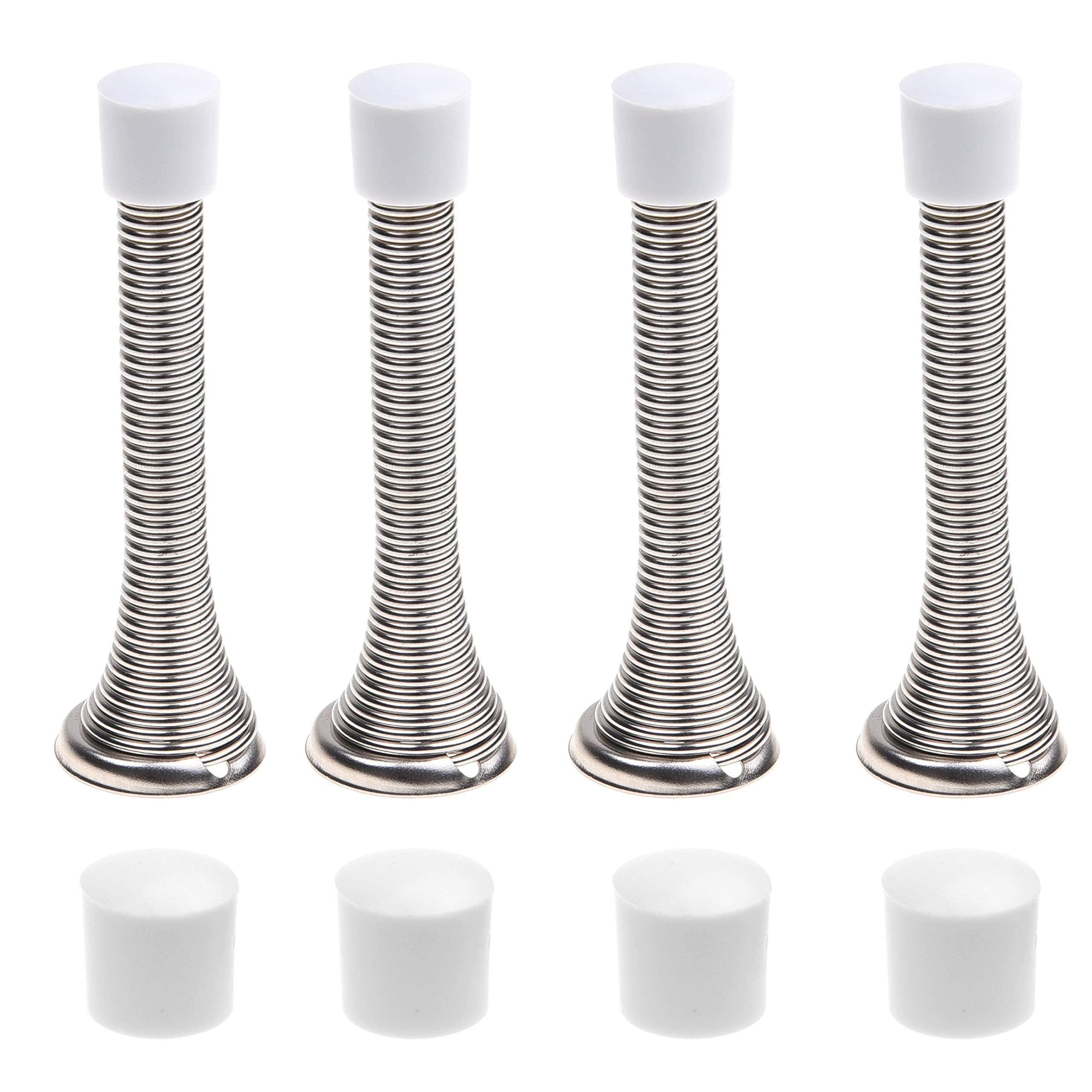 Kare & Kind 4X Spring Door Stoppers (Silver) - Screw-In Flexible Steel Stoppers With White Rubber Bumper Tips - Protect Walls Fr