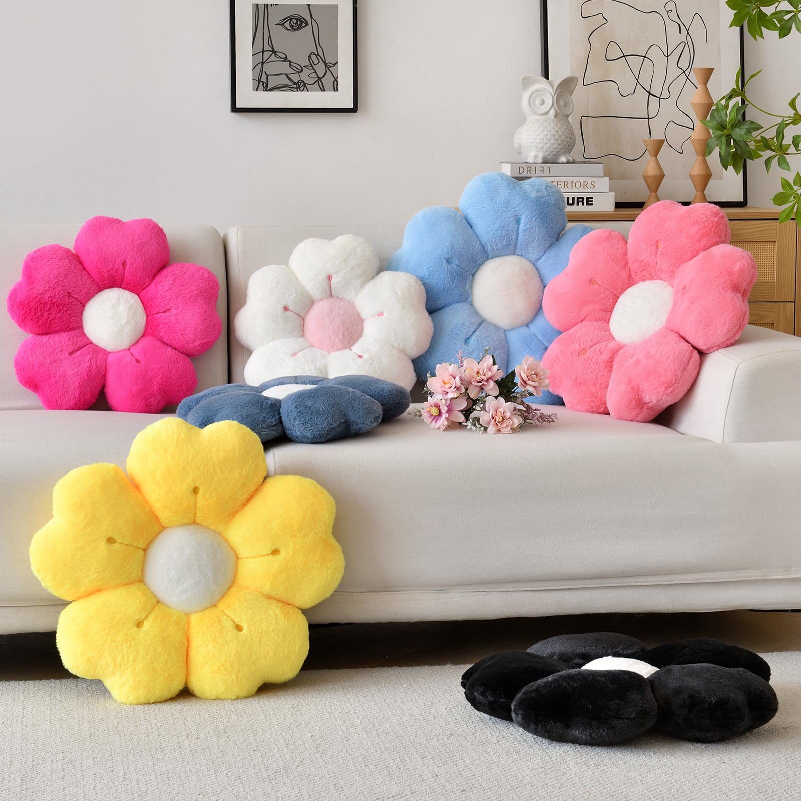 Flower Shaped Pillow, Cute Decorative Throw Pillow With Soft Artificial Rabbit Fur For Couch Bed Chair Floor, Flower Pillows Sea
