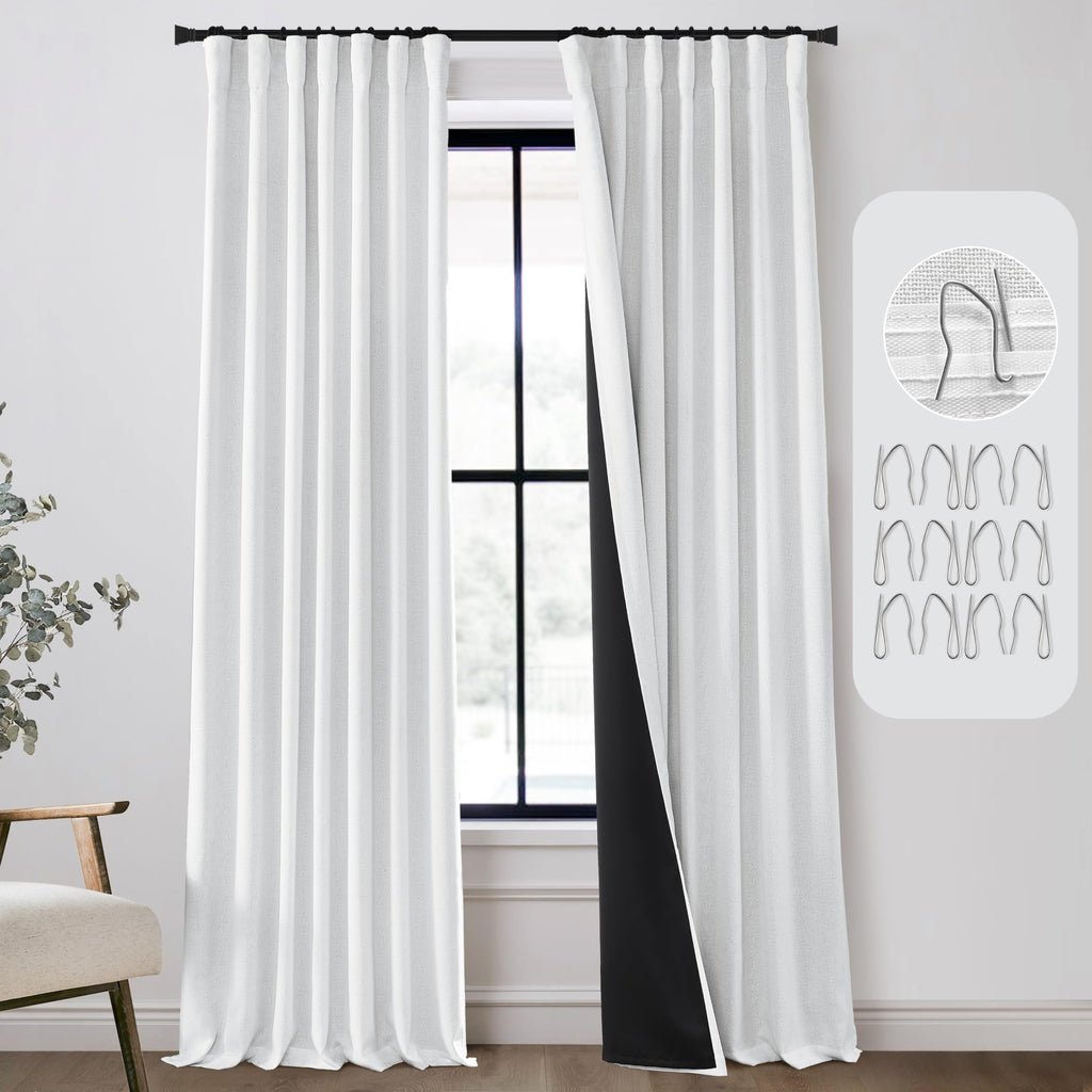 108 Inch White Extra Long Curtains for Bedroom,Hook Tape for Traverse Curtain Rod,100% Blackout Light Dark Out Faux Linen Long C
