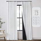 108 Inch White Extra Long Curtains for Bedroom,Hook Tape for Traverse Curtain Rod,100% Blackout Light Dark Out Faux Linen Long C