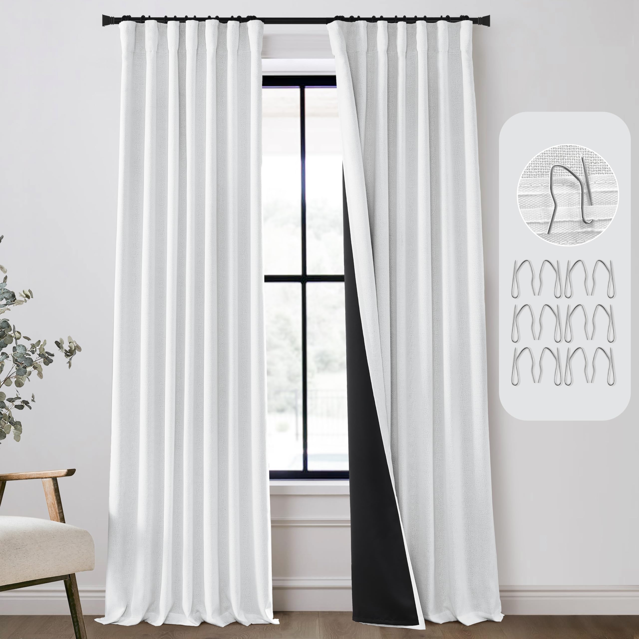 Panelsburg White Linen Blackout Curtains 96 Inches Long For Living Room,Room Darkening Pleated Back Tab Thermal Black Out Curtai