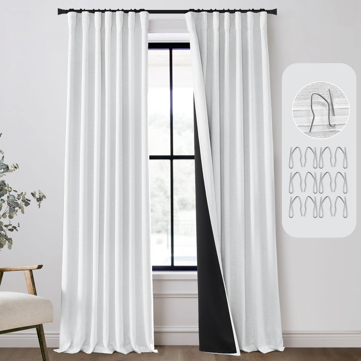 White Linen Blackout Curtains 84 Inches Long for Bedroom,Black Out Room Darkening Thermal Lined Thick Liner Back Tab Hooks Pleat