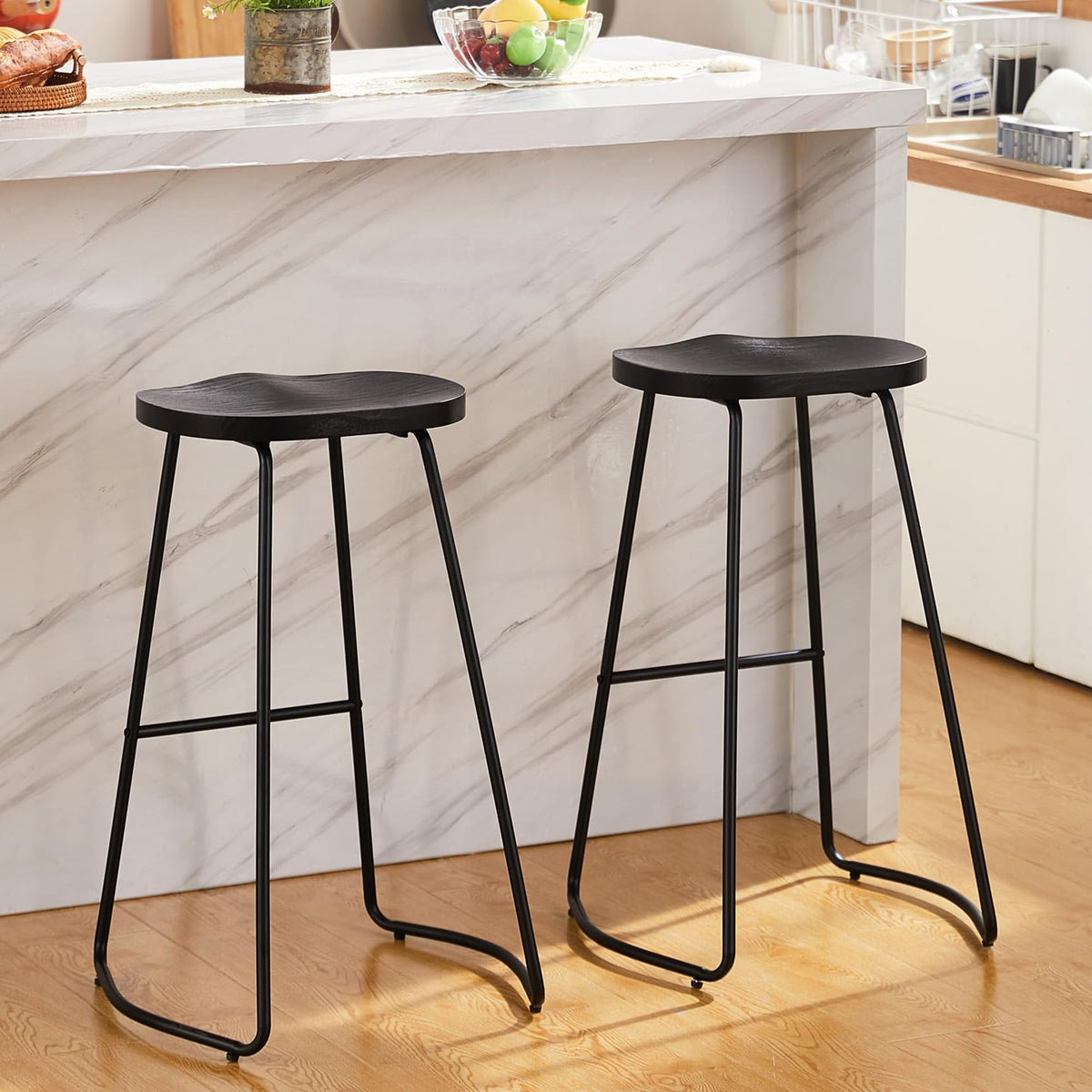 Heugah Bar Stools Set Of 2, 30 Inch Counter Height Wood Bar Stools, Black Saddle Seat Barstool For Kitchen Island, Industrial Bar Height Stool With Metal Leg (Black, 2 Pcs 30Inch Barstool)